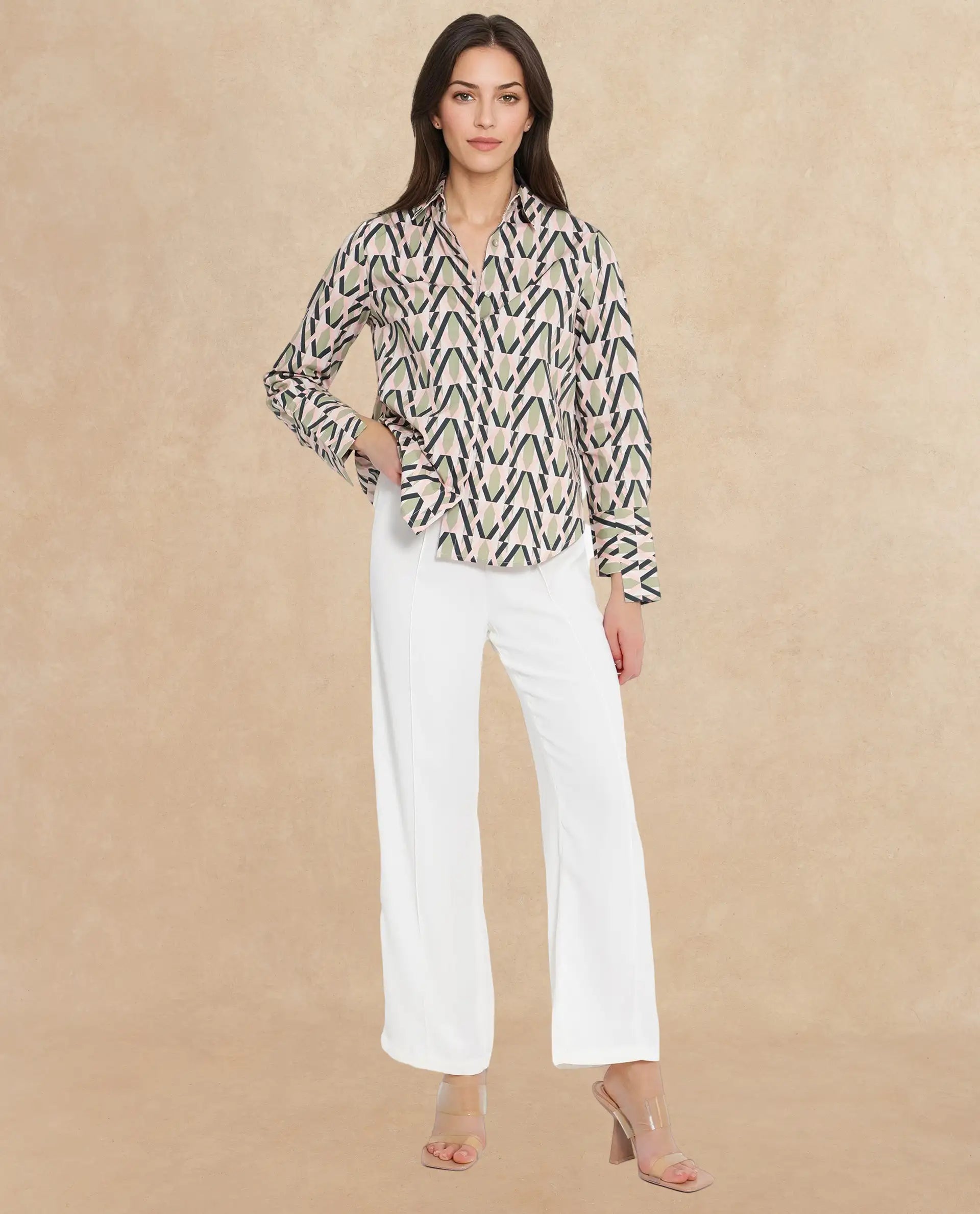 Rareism Women Kuvin Multi Cuffed Sleeve Collared Collar Button Geometric Print Shirt