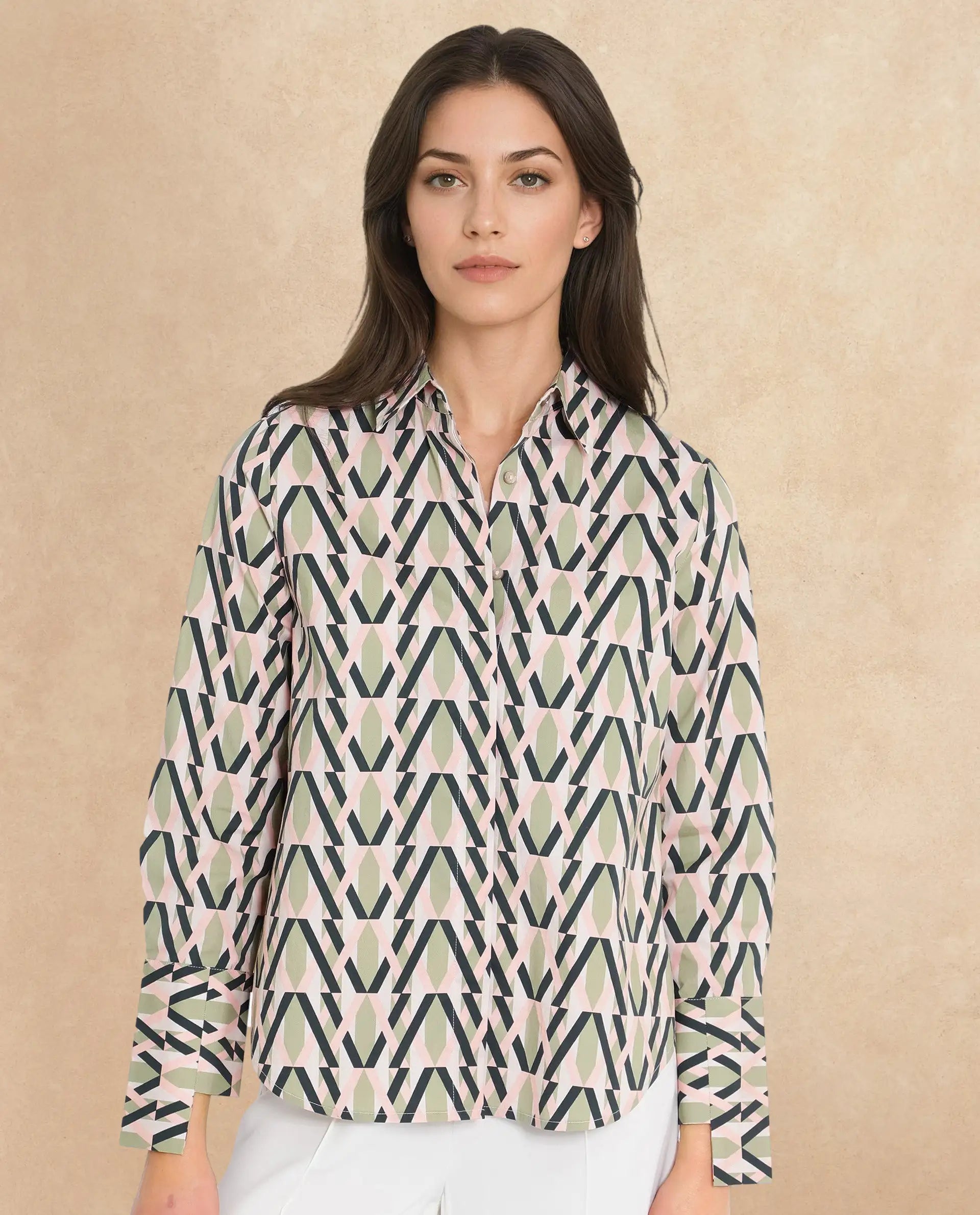 Rareism Women Kuvin Multi Cuffed Sleeve Collared Collar Button Geometric Print Shirt