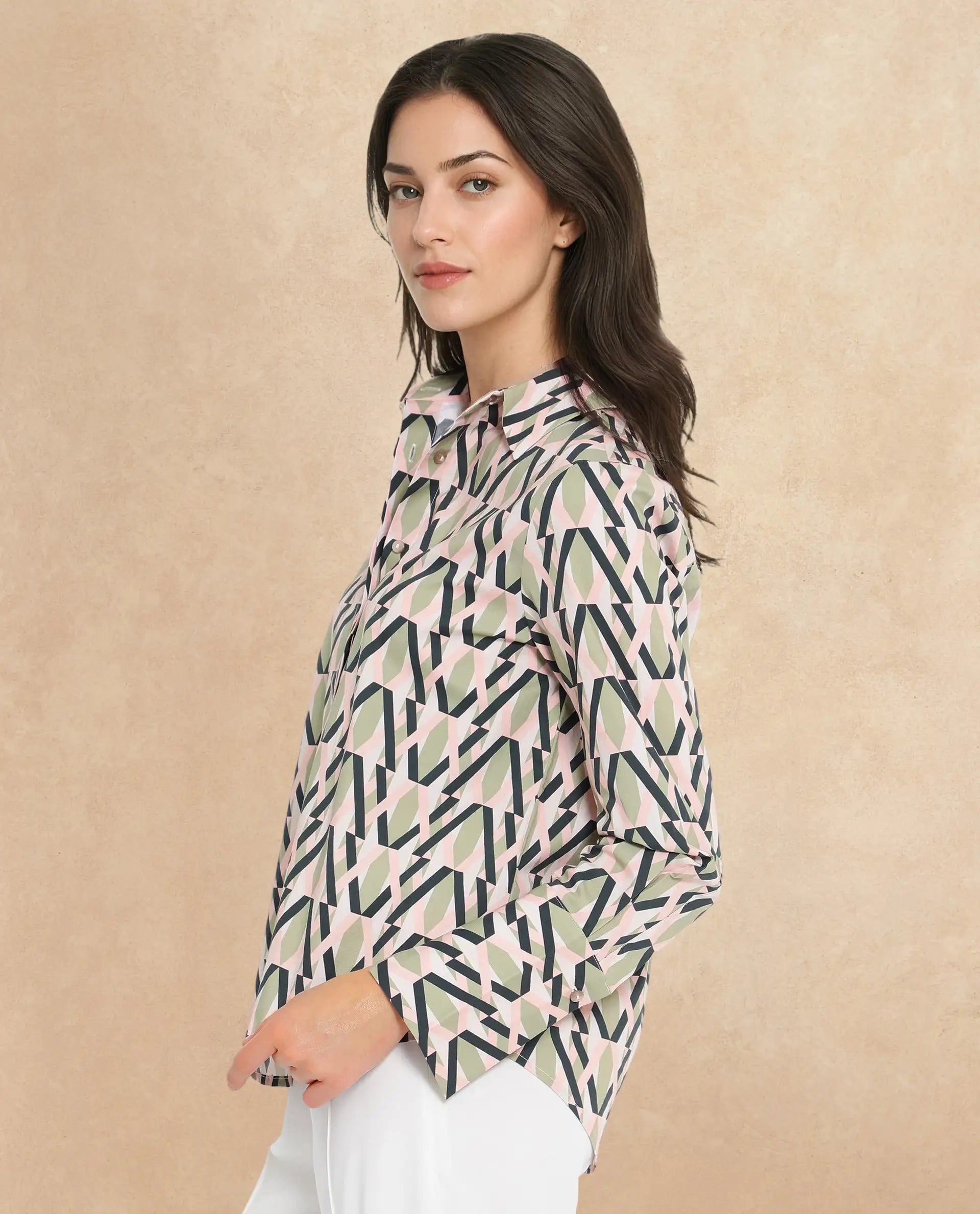 Rareism Women Kuvin Multi Cuffed Sleeve Collared Collar Button Geometric Print Shirt