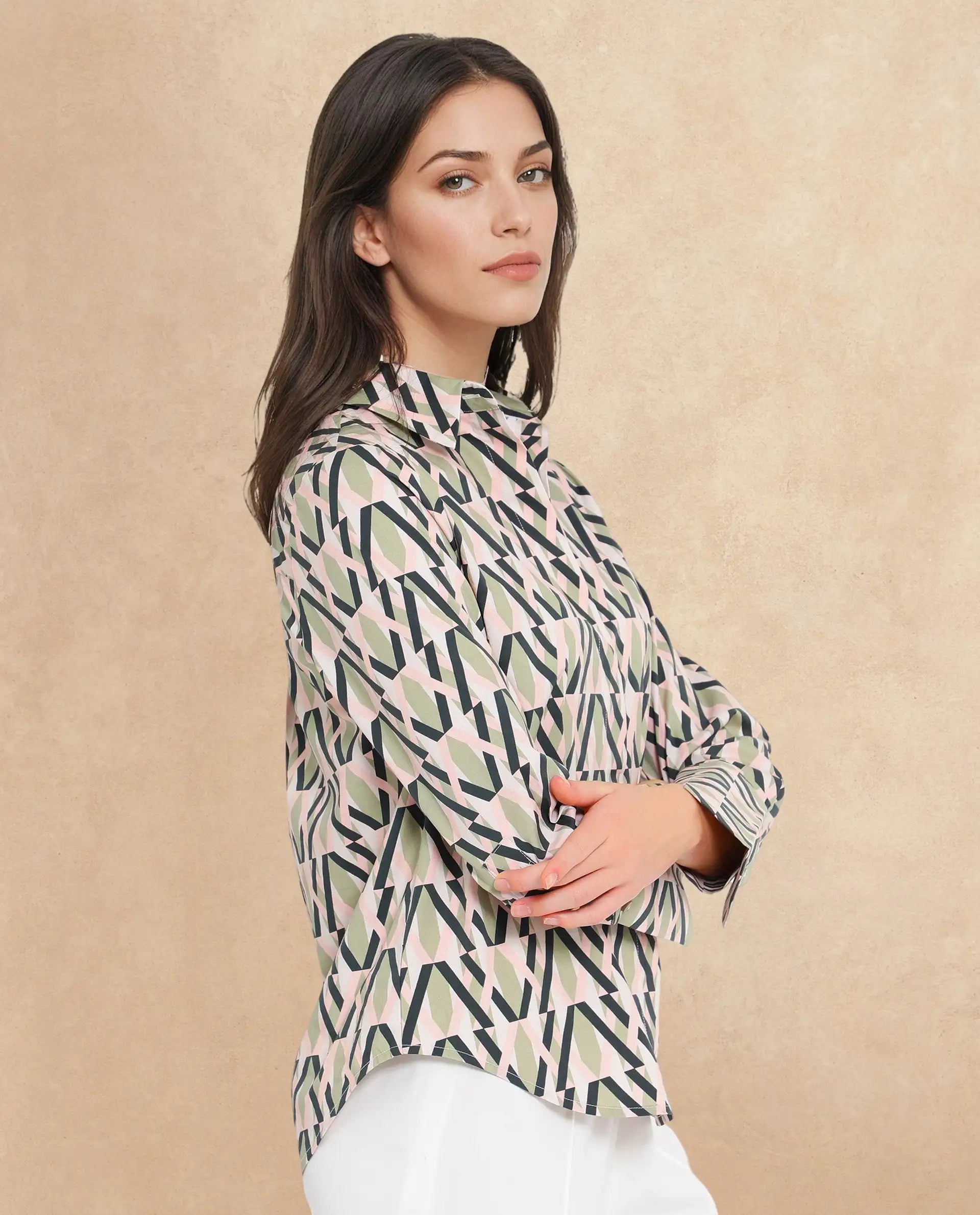 Rareism Women Kuvin Multi Cuffed Sleeve Collared Collar Button Geometric Print Shirt
