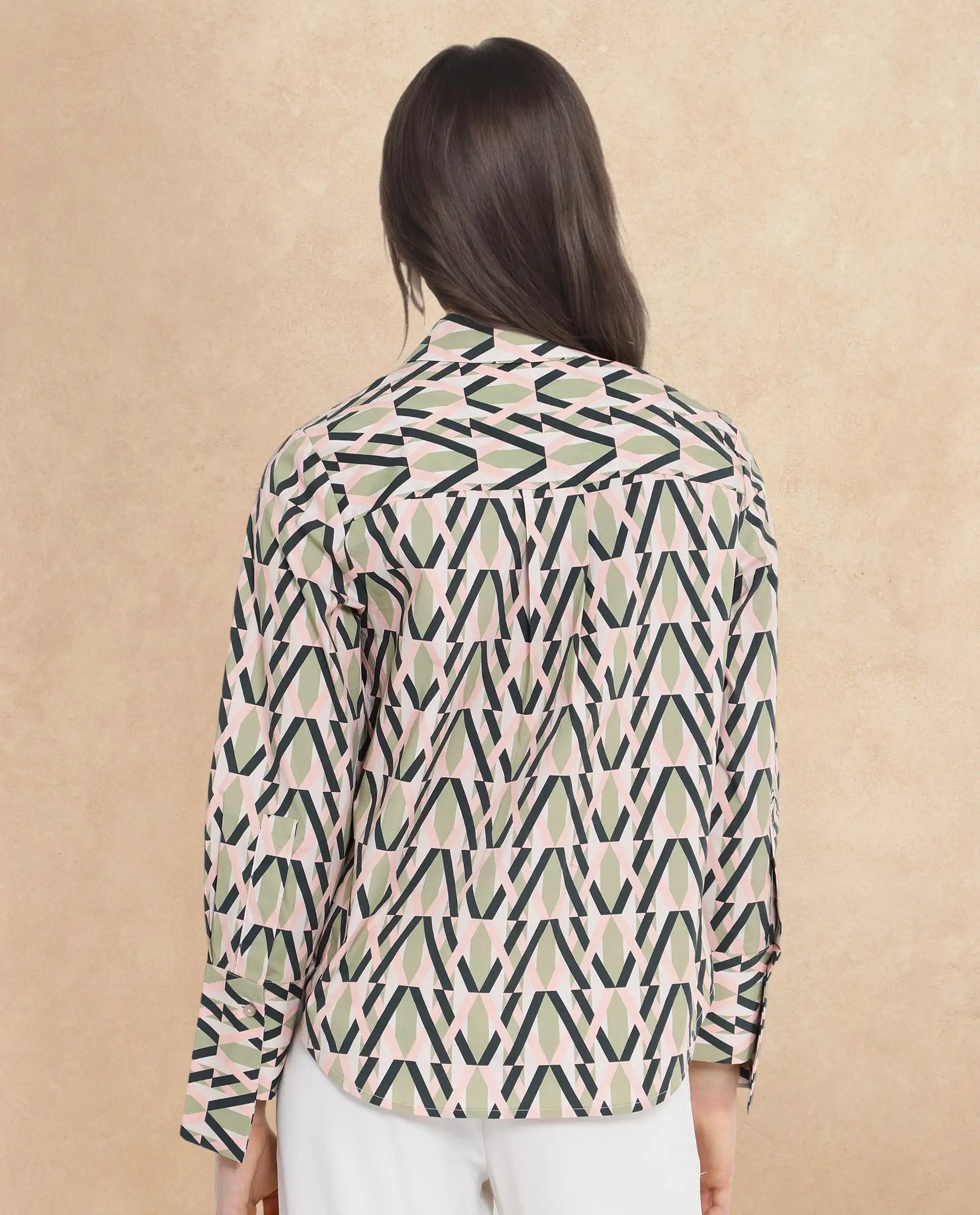 Rareism Women Kuvin Multi Cuffed Sleeve Collared Collar Button Geometric Print Shirt