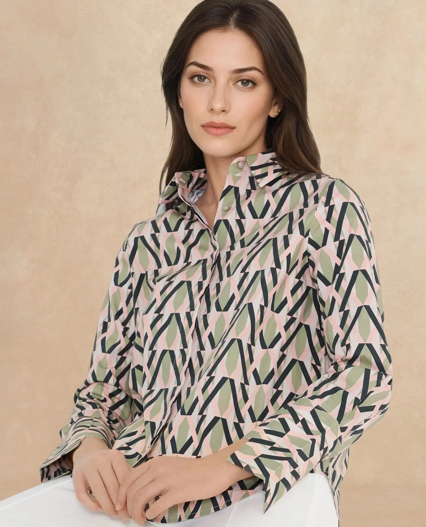 Rareism Women Kuvin Multi Cuffed Sleeve Collared Collar Button Geometric Print Shirt
