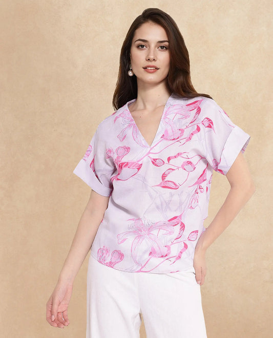 Rareism Women Kyor Dusky Purple Extended Sleeves V-Neck Floral Print Top