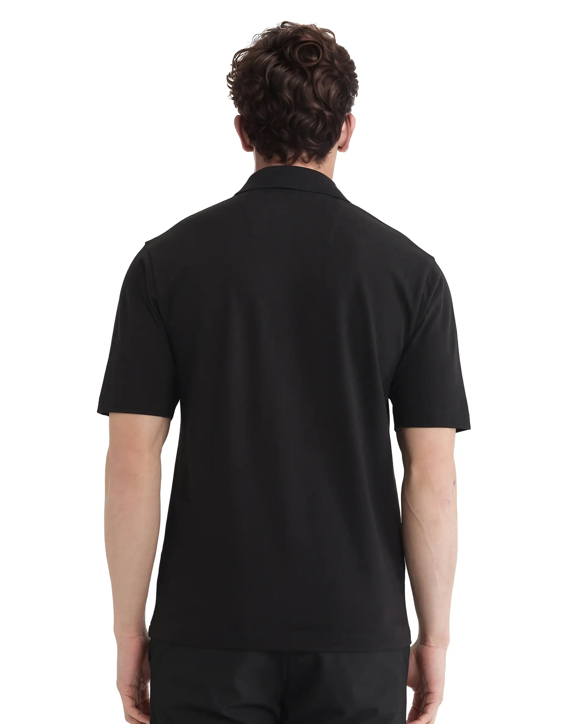 Rare Rabbit Men's Labe Black Cotton Fabric Half Sleeve Spread Collar Oversized Fit Plain Polo