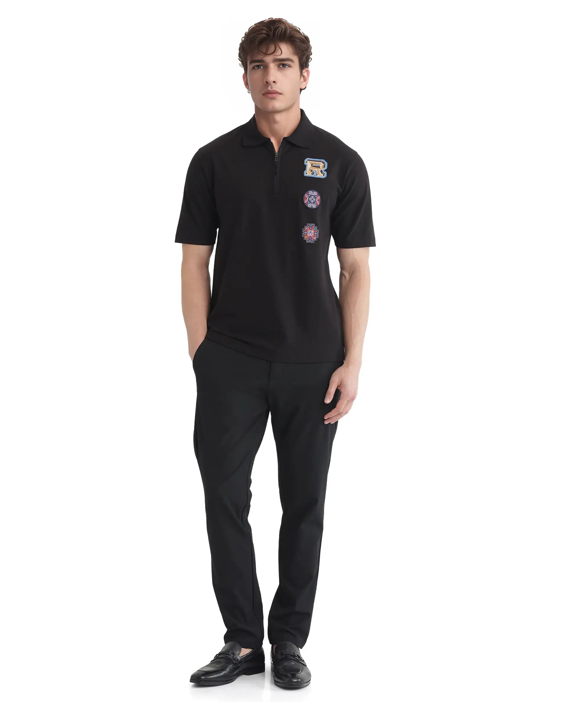 Rare Rabbit Men's Labe Black Cotton Fabric Half Sleeve Spread Collar Oversized Fit Plain Polo