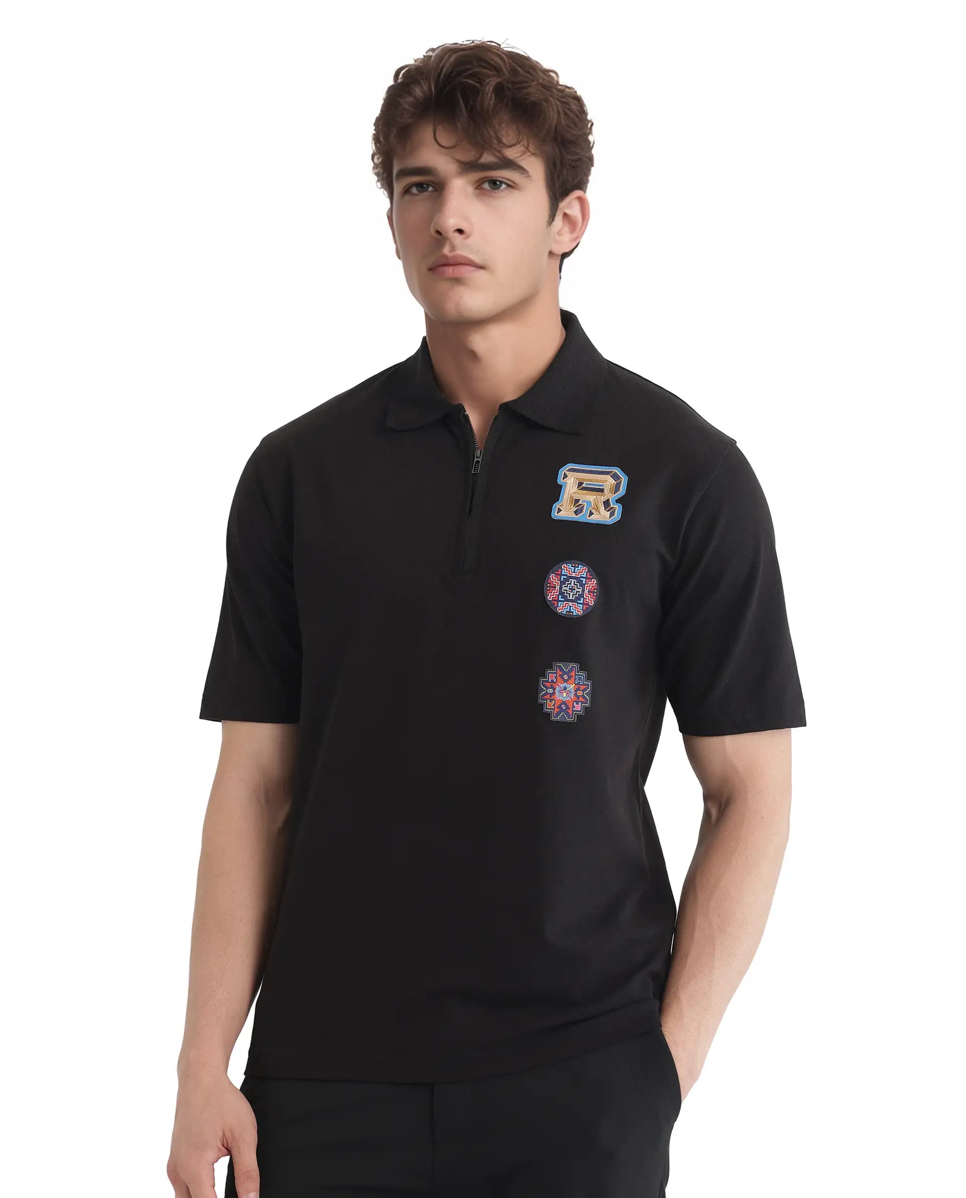 Rare Rabbit Men's Labe Black Cotton Fabric Half Sleeve Spread Collar Oversized Fit Plain Polo
