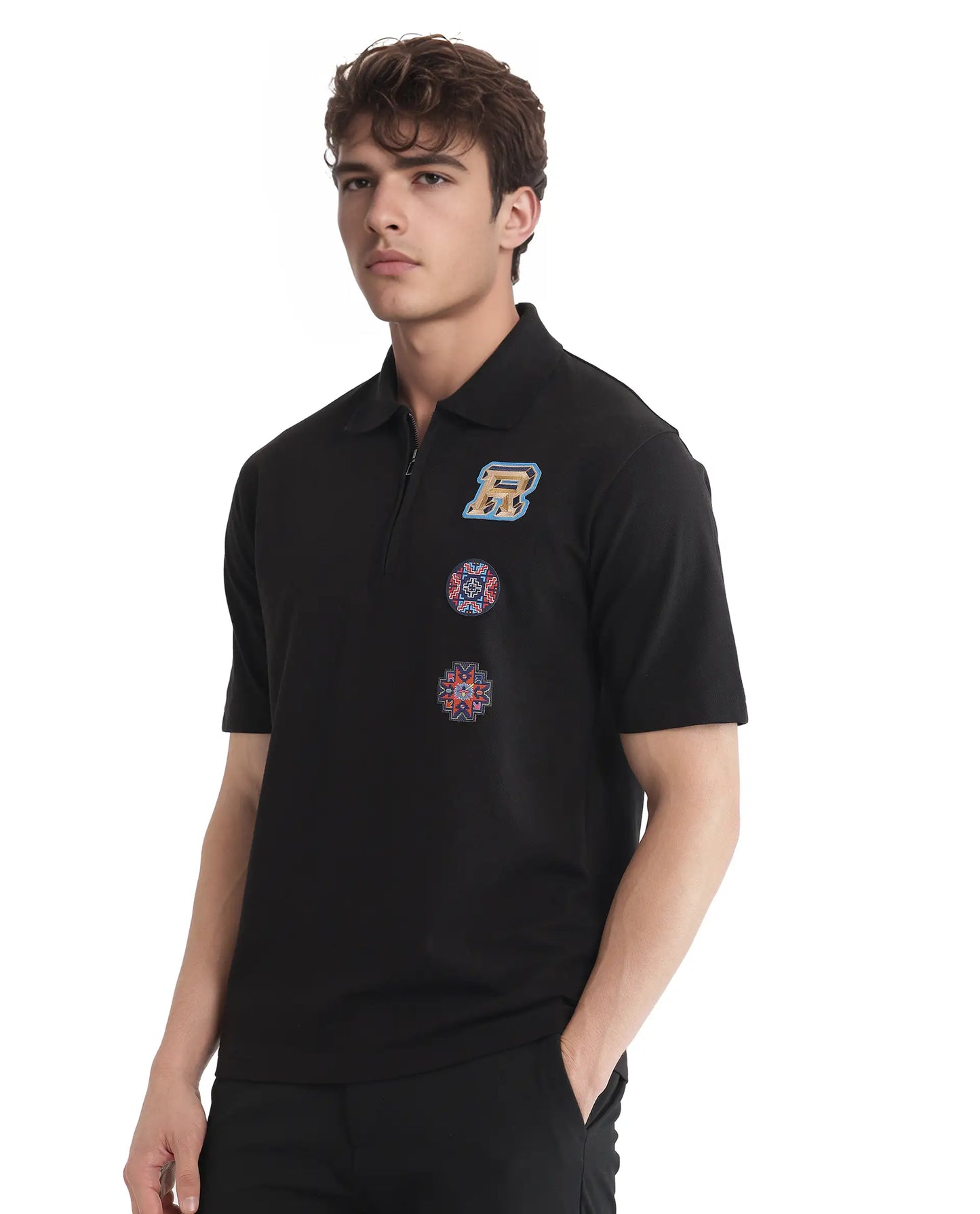 Rare Rabbit Men's Labe Black Cotton Fabric Half Sleeve Spread Collar Oversized Fit Plain Polo