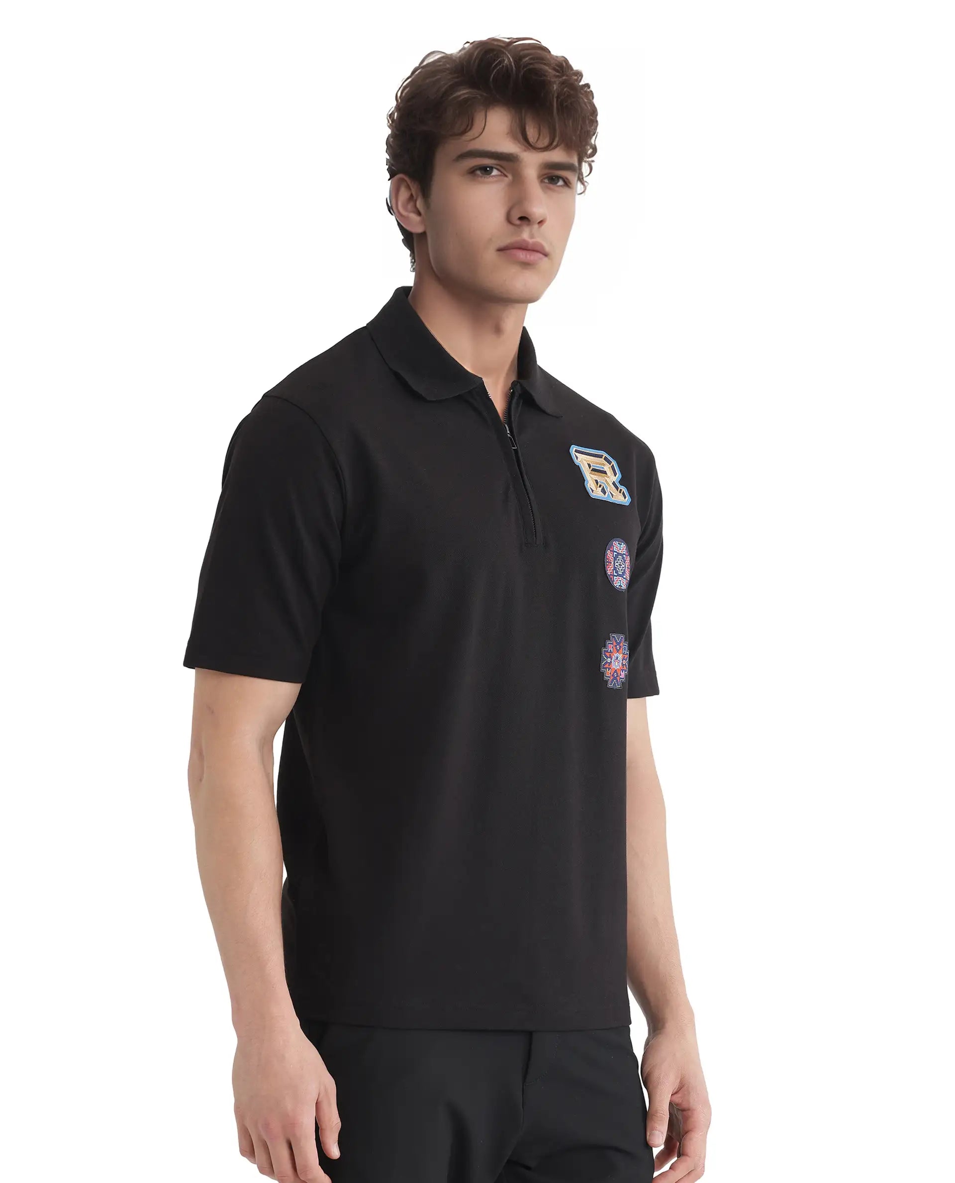 Rare Rabbit Men's Labe Black Cotton Fabric Half Sleeve Spread Collar Oversized Fit Plain Polo