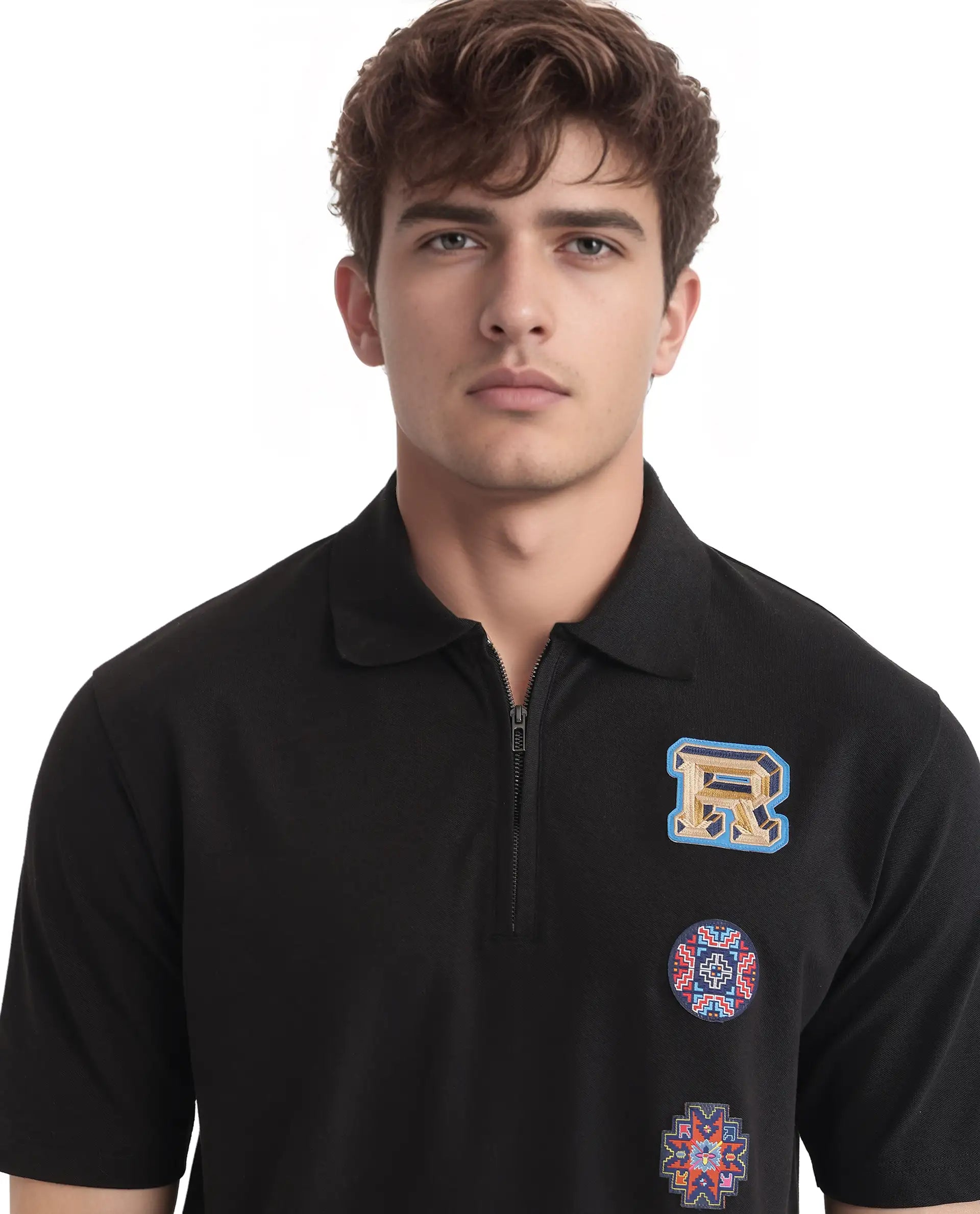 Rare Rabbit Men's Labe Black Cotton Fabric Half Sleeve Spread Collar Oversized Fit Plain Polo