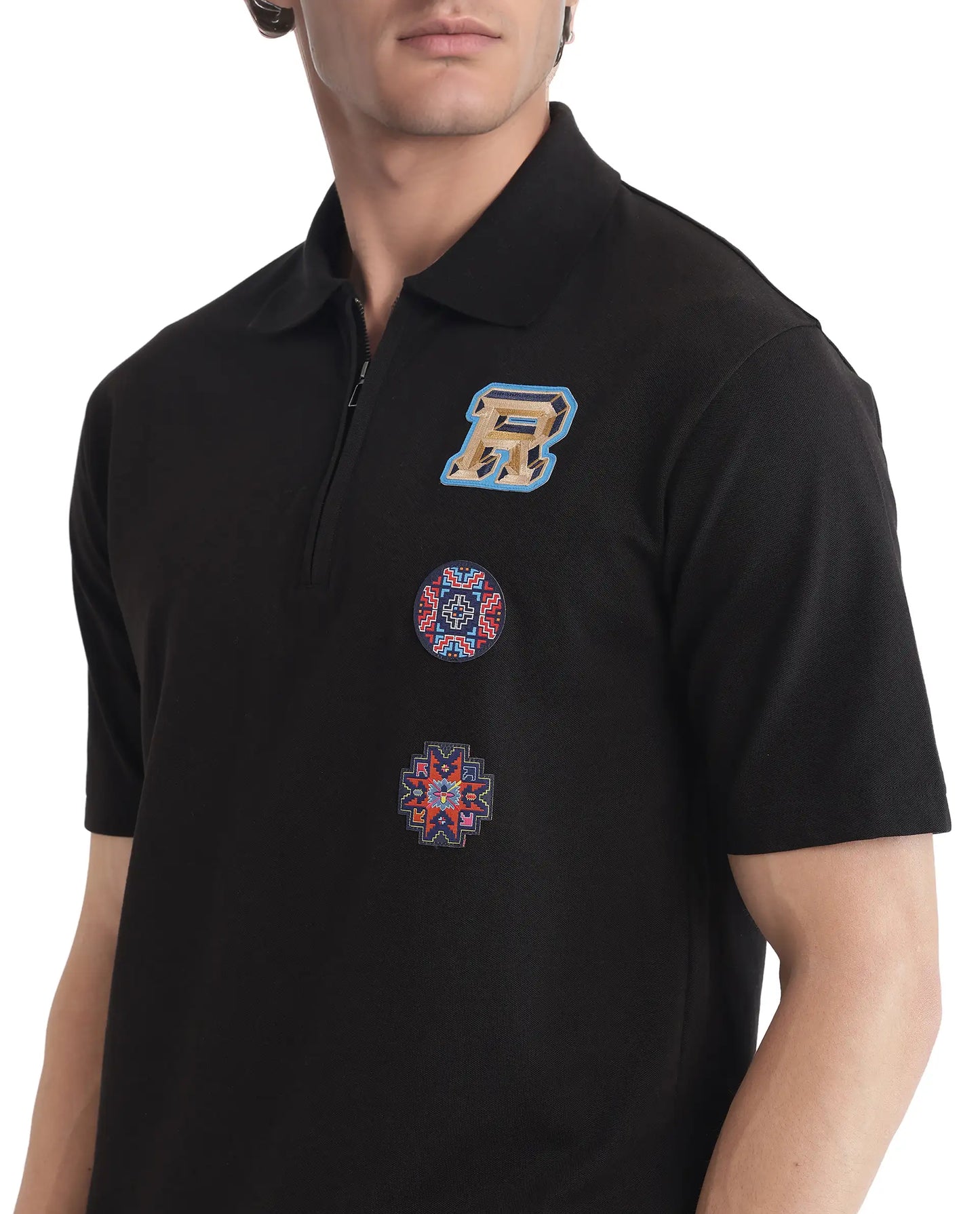 Rare Rabbit Men's Labe Black Cotton Fabric Half Sleeve Spread Collar Oversized Fit Plain Polo