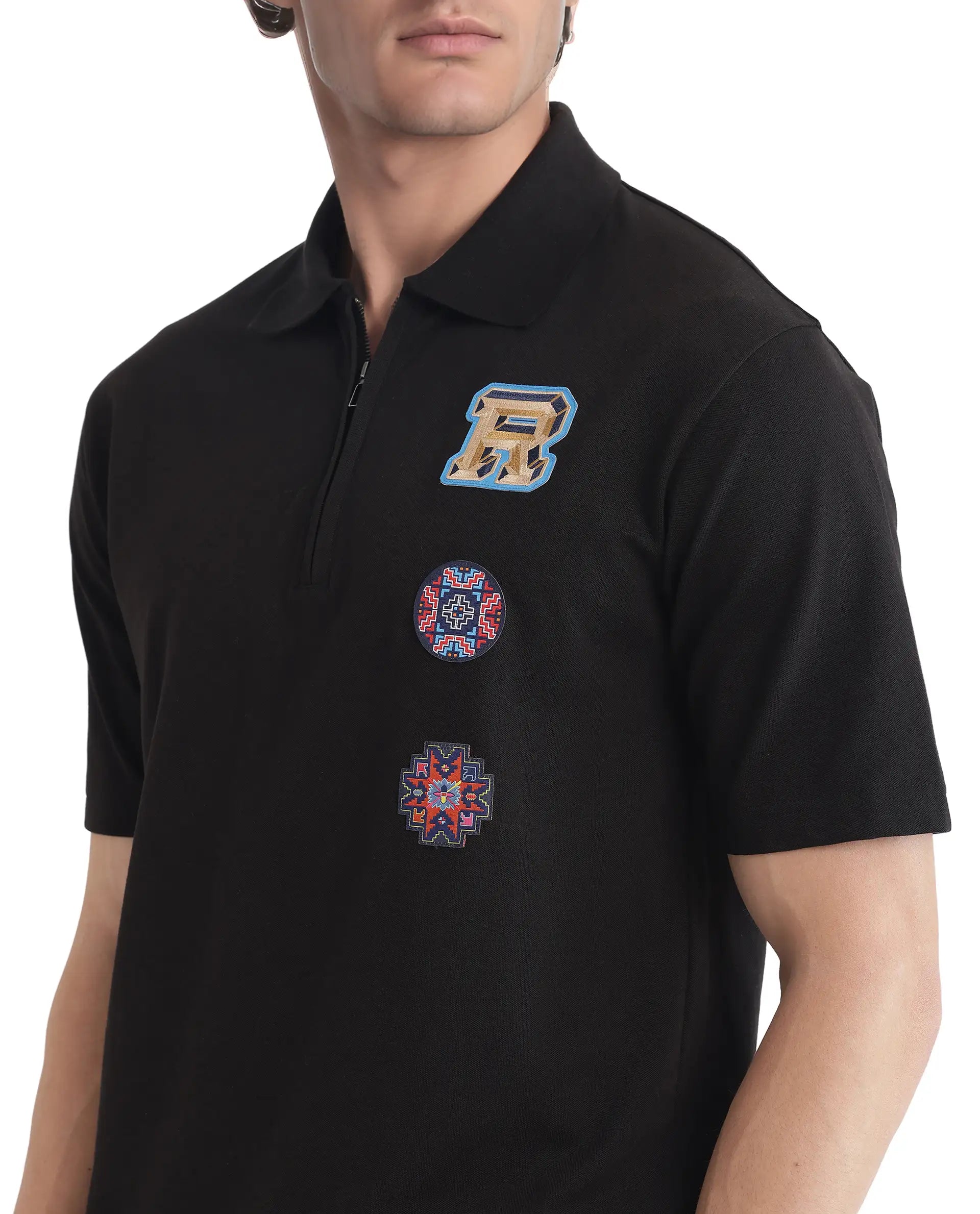 Rare Rabbit Men's Labe Black Cotton Fabric Half Sleeve Spread Collar Oversized Fit Plain Polo
