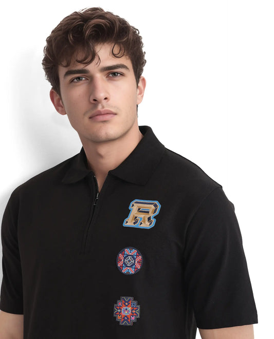 Rare Rabbit Men's Labe Black Cotton Fabric Half Sleeve Spread Collar Oversized Fit Plain Polo