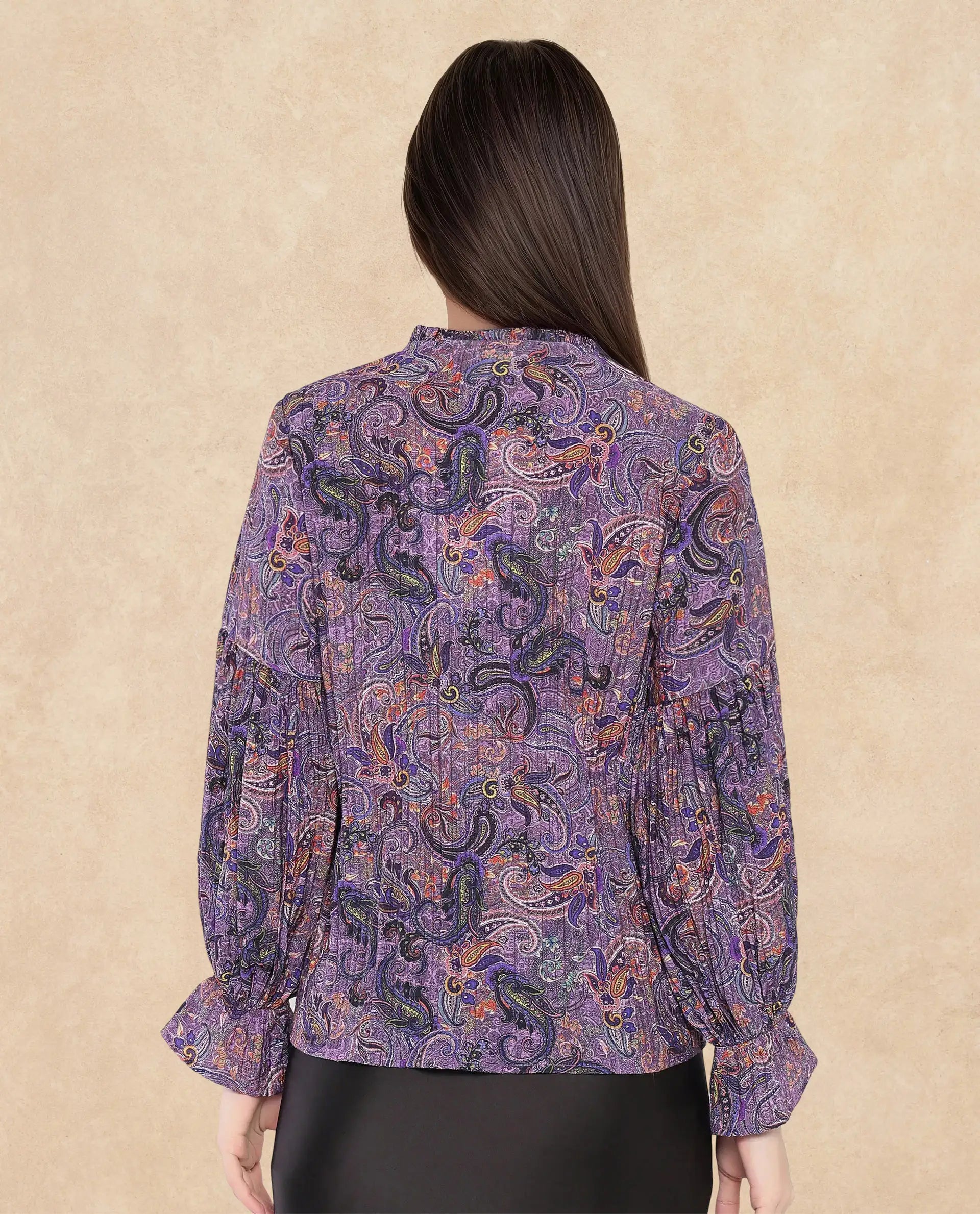 Rareism Women Lafia Multi Viscose Fabric Lantern Sleeve V-Neck Button Closure Paisley Print Top