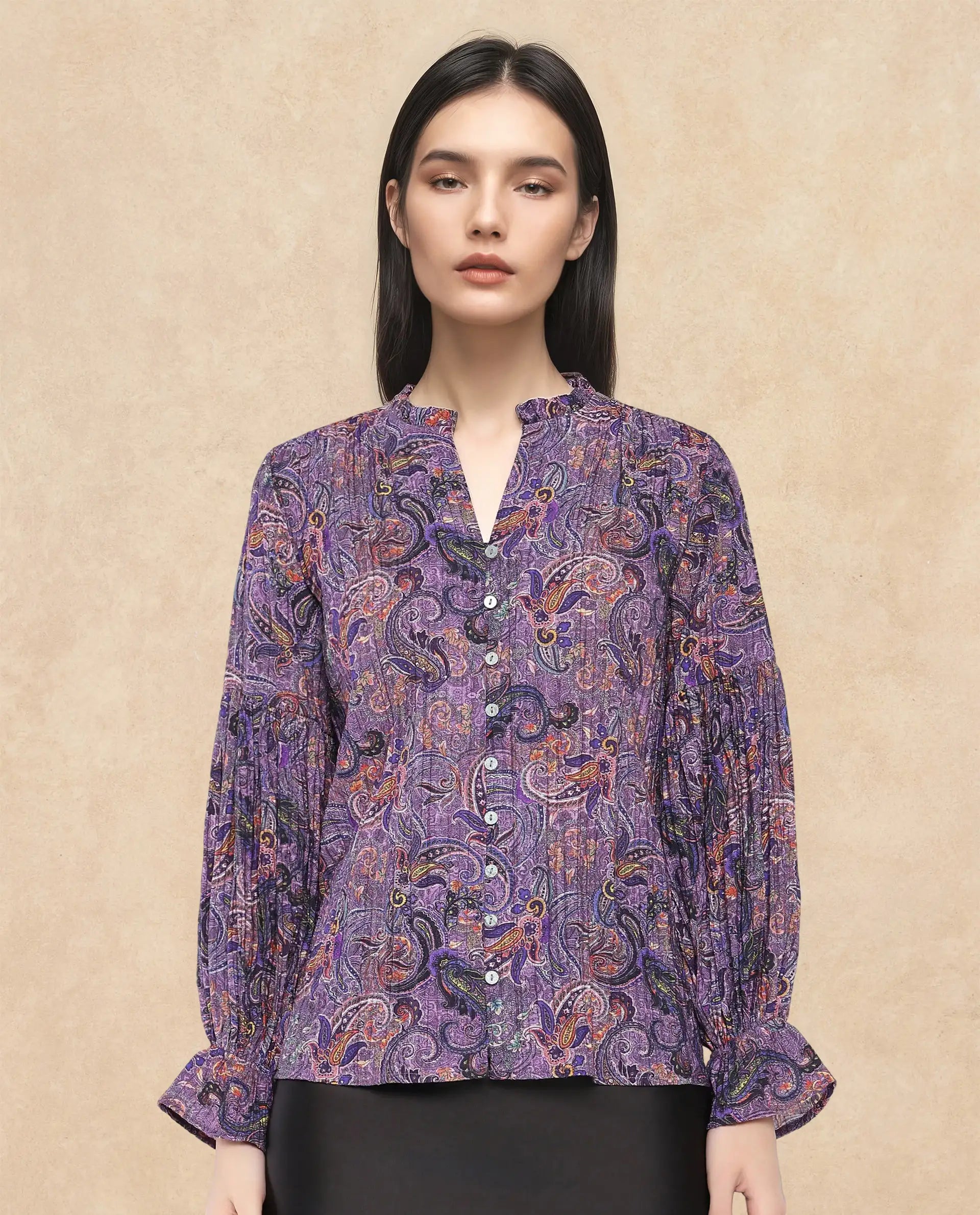 Rareism Women Lafia Multi Viscose Fabric Lantern Sleeve V-Neck Button Closure Paisley Print Top