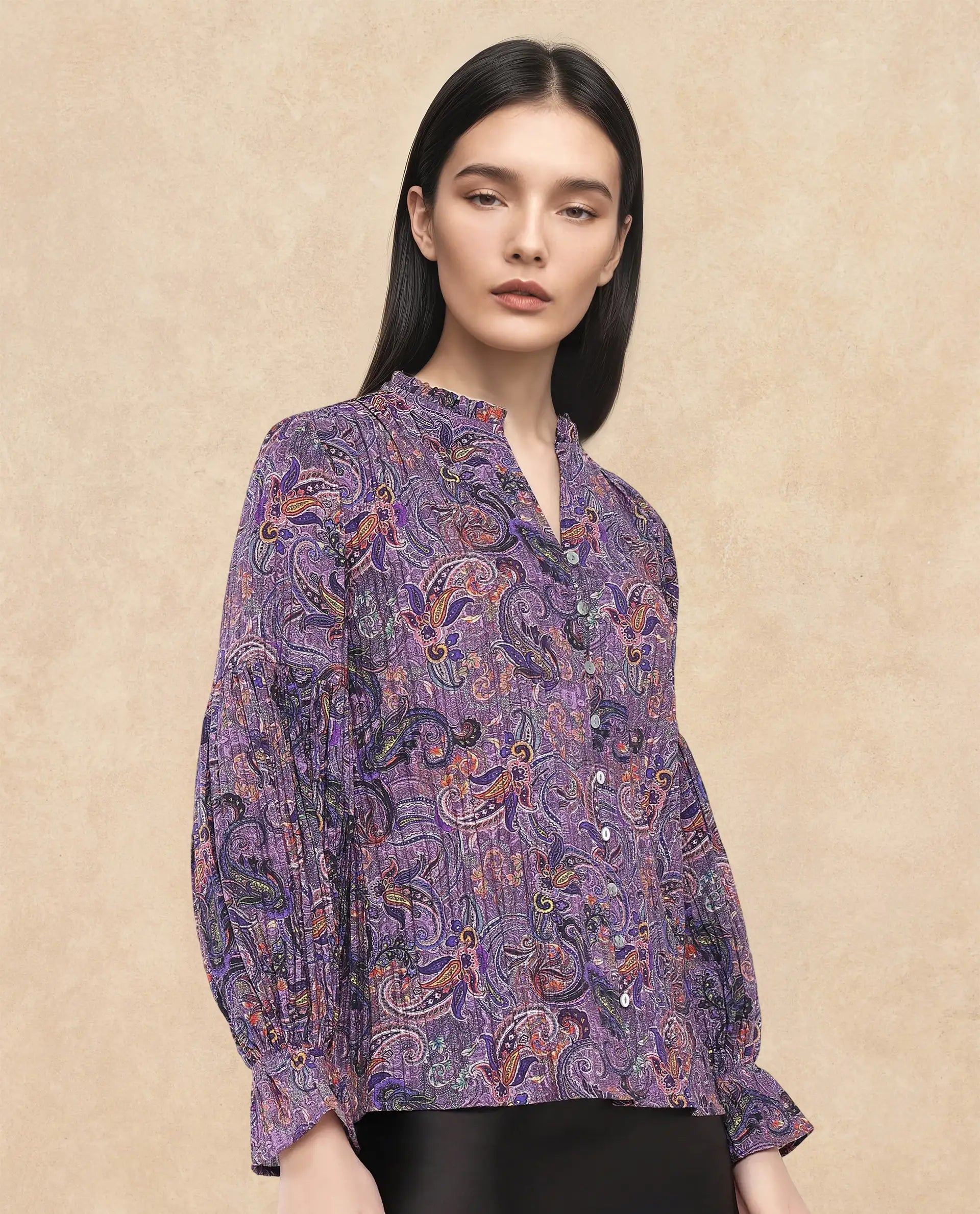 Rareism Women Lafia Multi Viscose Fabric Lantern Sleeve V-Neck Button Closure Paisley Print Top