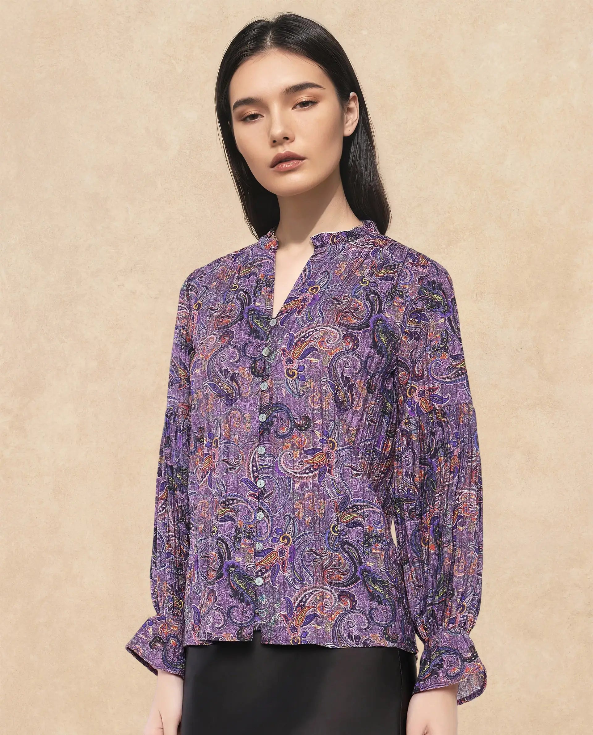 Rareism Women Lafia Multi Viscose Fabric Lantern Sleeve V-Neck Button Closure Paisley Print Top