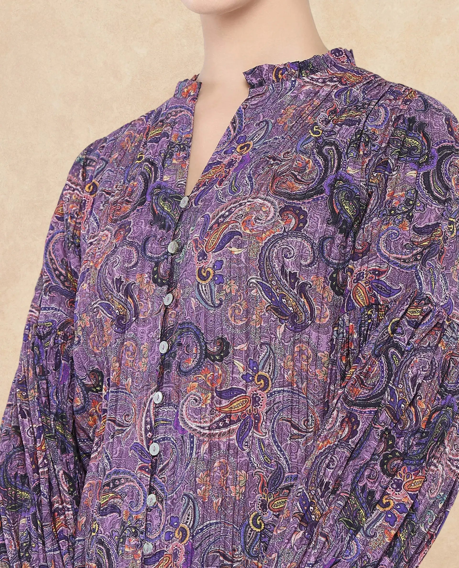 Rareism Women Lafia Multi Viscose Fabric Lantern Sleeve V-Neck Button Closure Paisley Print Top