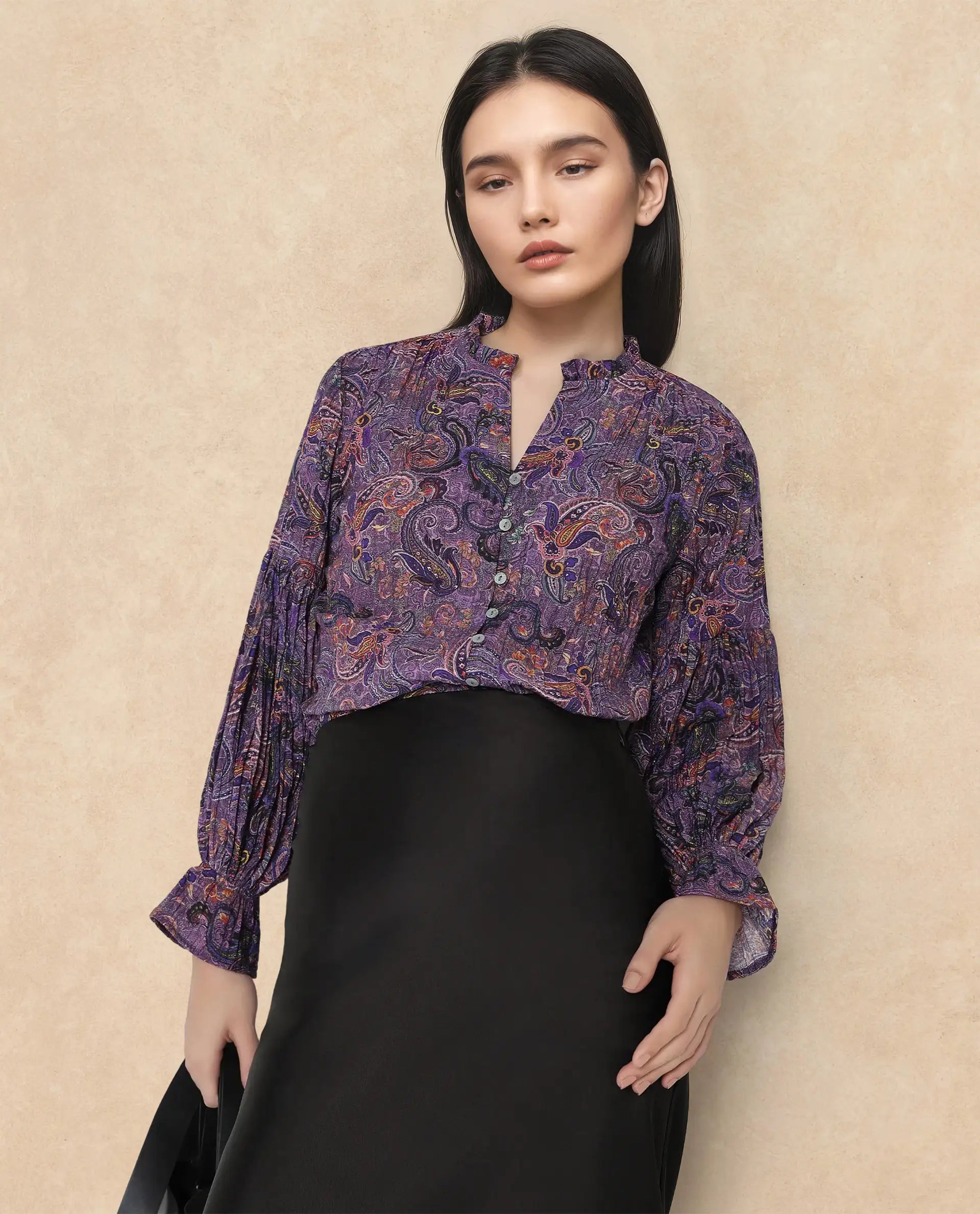 Rareism Women Lafia Multi Viscose Fabric Lantern Sleeve V-Neck Button Closure Paisley Print Top