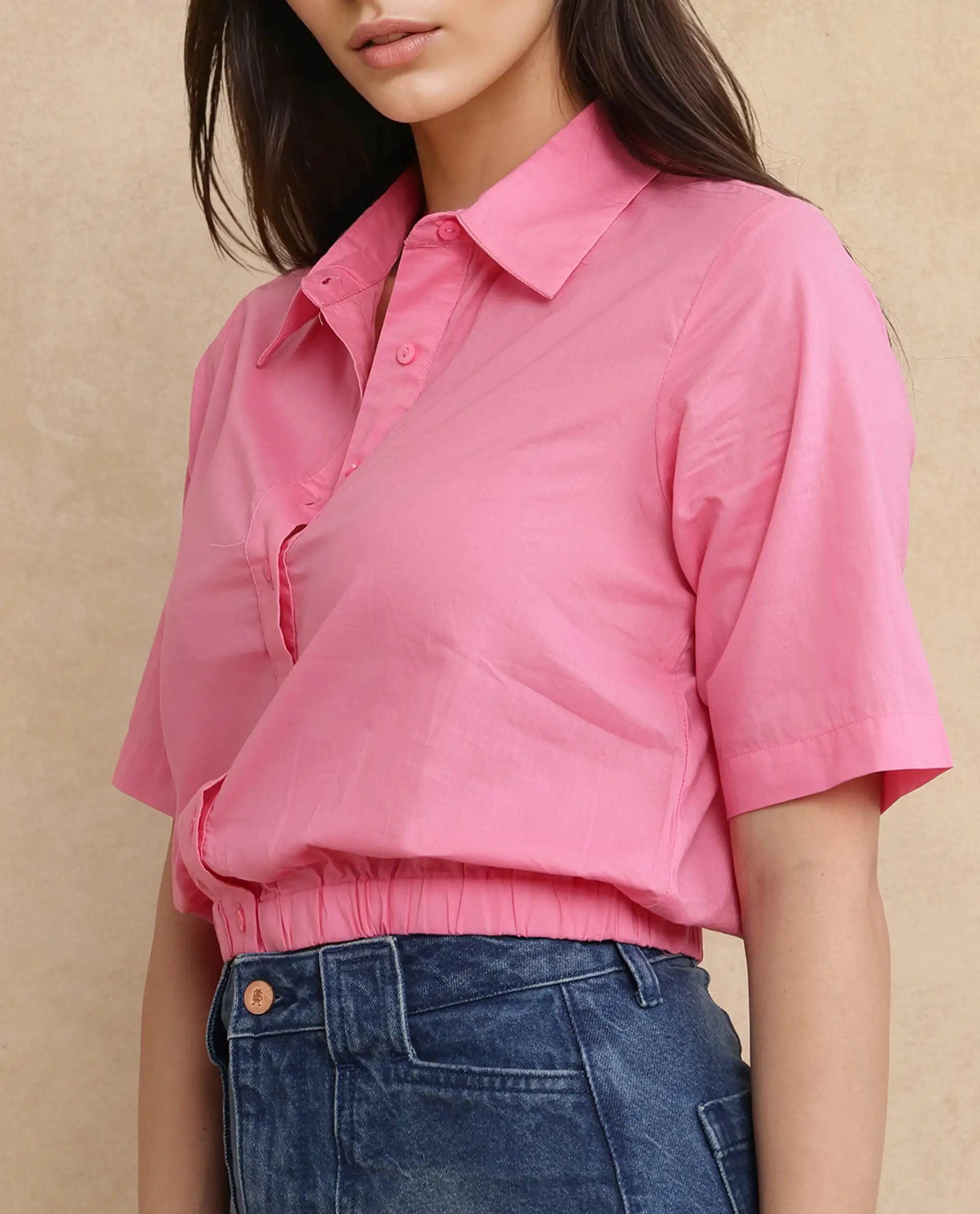 Rareism Women Lakeavi Pink Short Sleeve Collared Neck Button Closure Cropped Plain Top