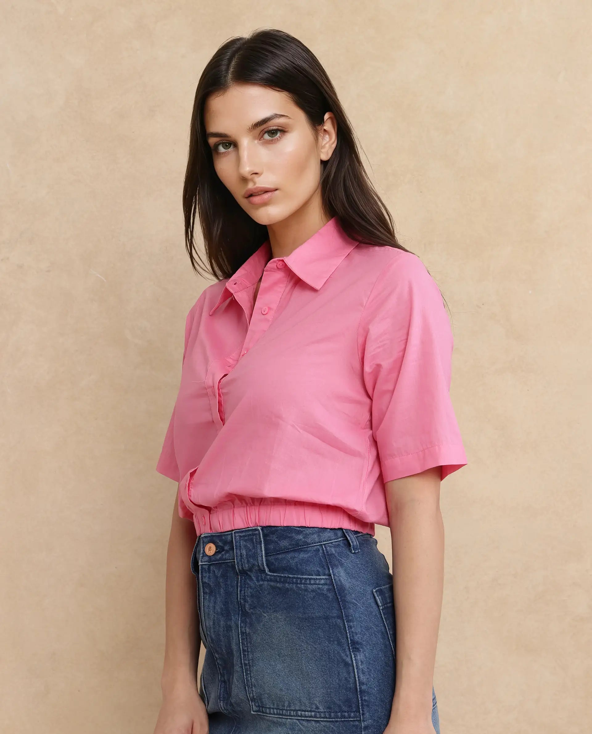 Rareism Women Lakeavi Pink Short Sleeve Collared Neck Button Closure Cropped Plain Top