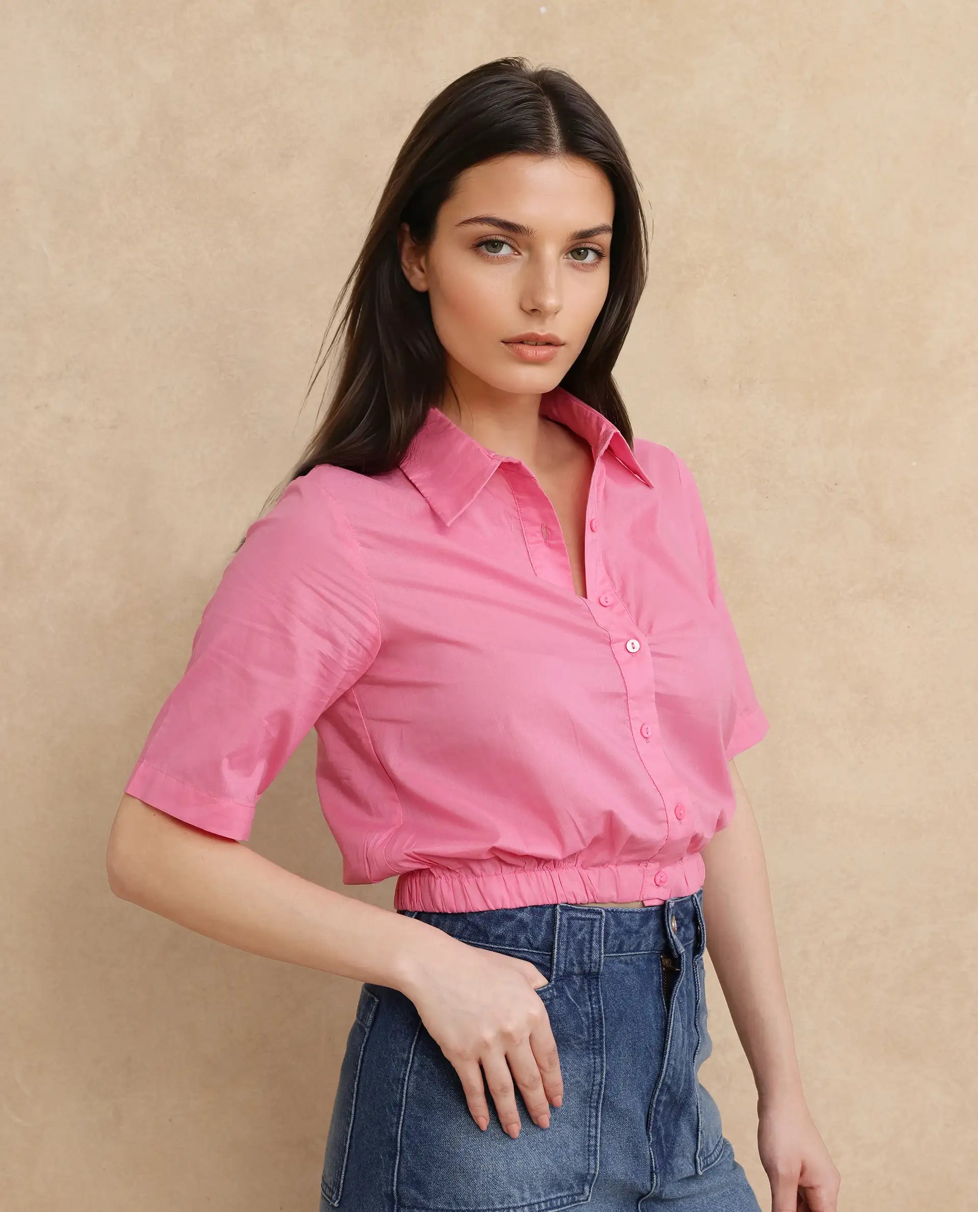 Rareism Women Lakeavi Pink Short Sleeve Collared Neck Button Closure Cropped Plain Top