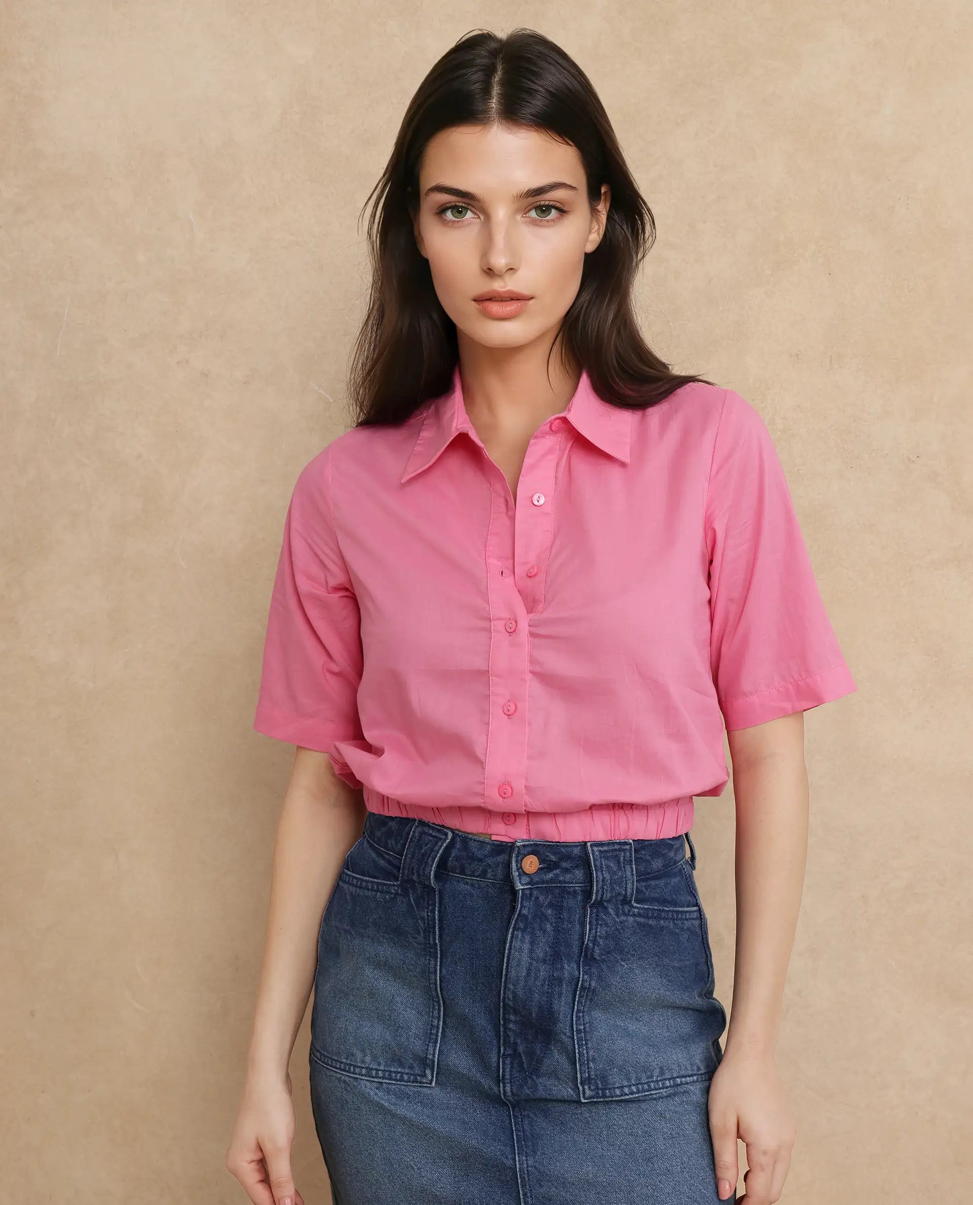 Rareism Women Lakeavi Pink Short Sleeve Collared Neck Button Closure Cropped Plain Top
