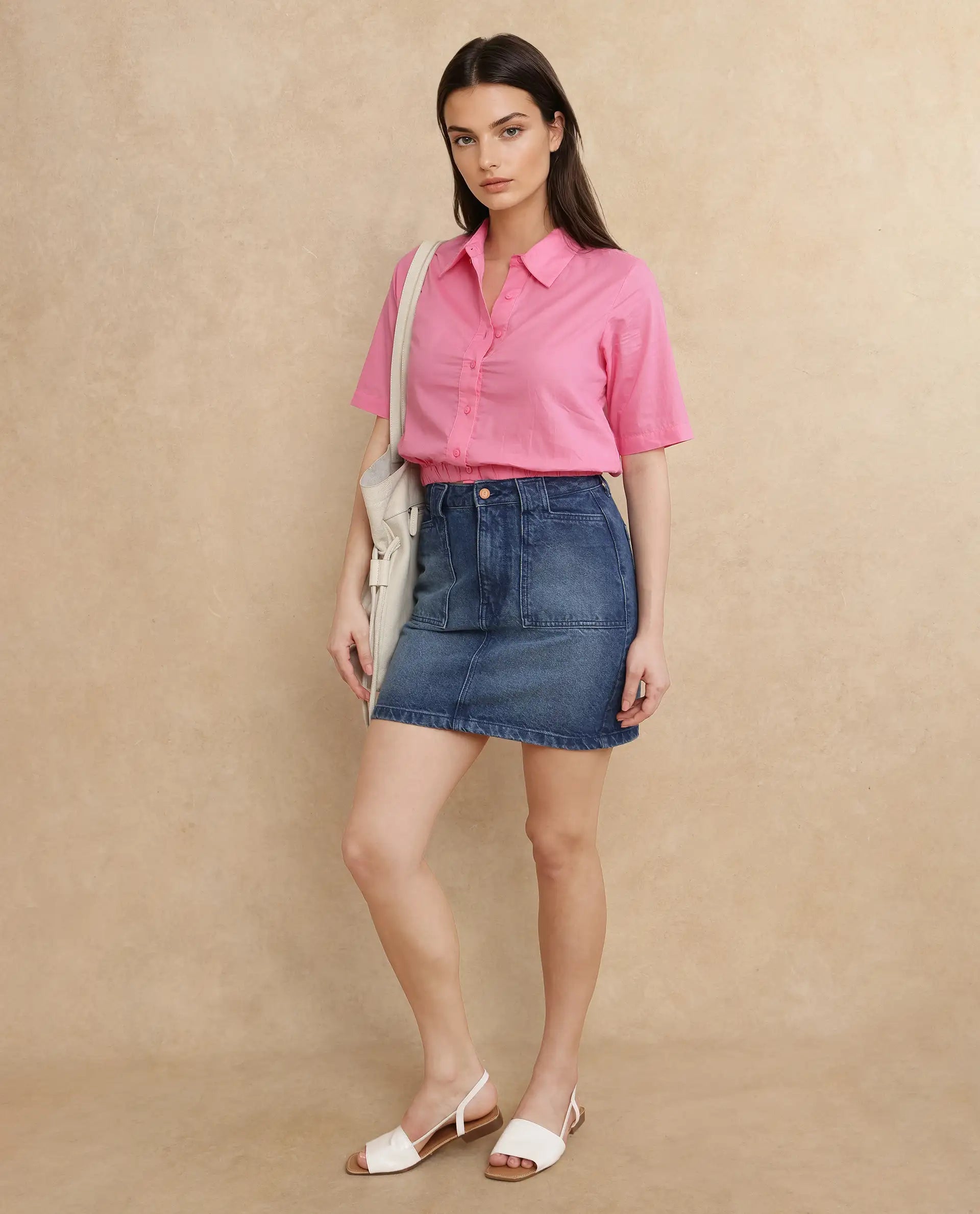 Rareism Women Lakeavi Pink Short Sleeve Collared Neck Button Closure Cropped Plain Top