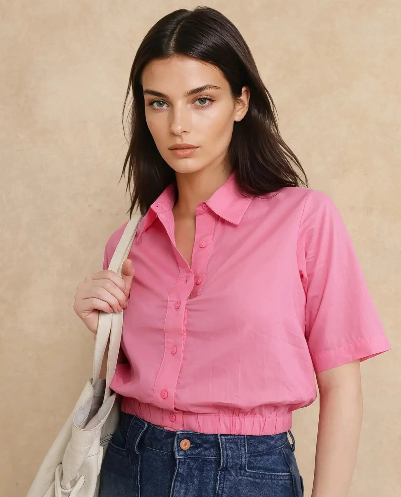 Rareism Women Lakeavi Pink Short Sleeve Collared Neck Button Closure Cropped Plain Top