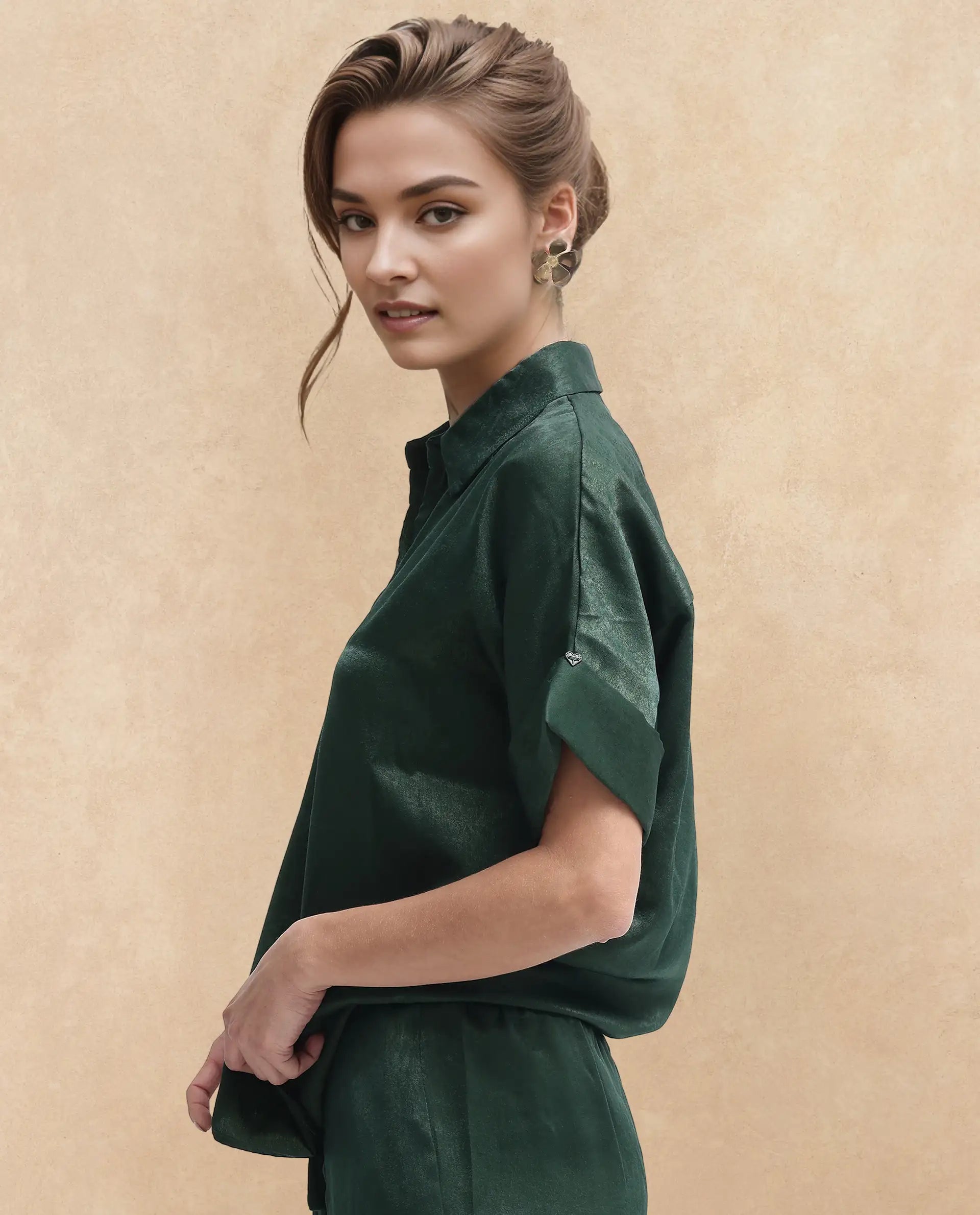 Rareism Women Lamona-T Dark Green Extended Sleeves Collared Neck Boxy Fit Plain Top