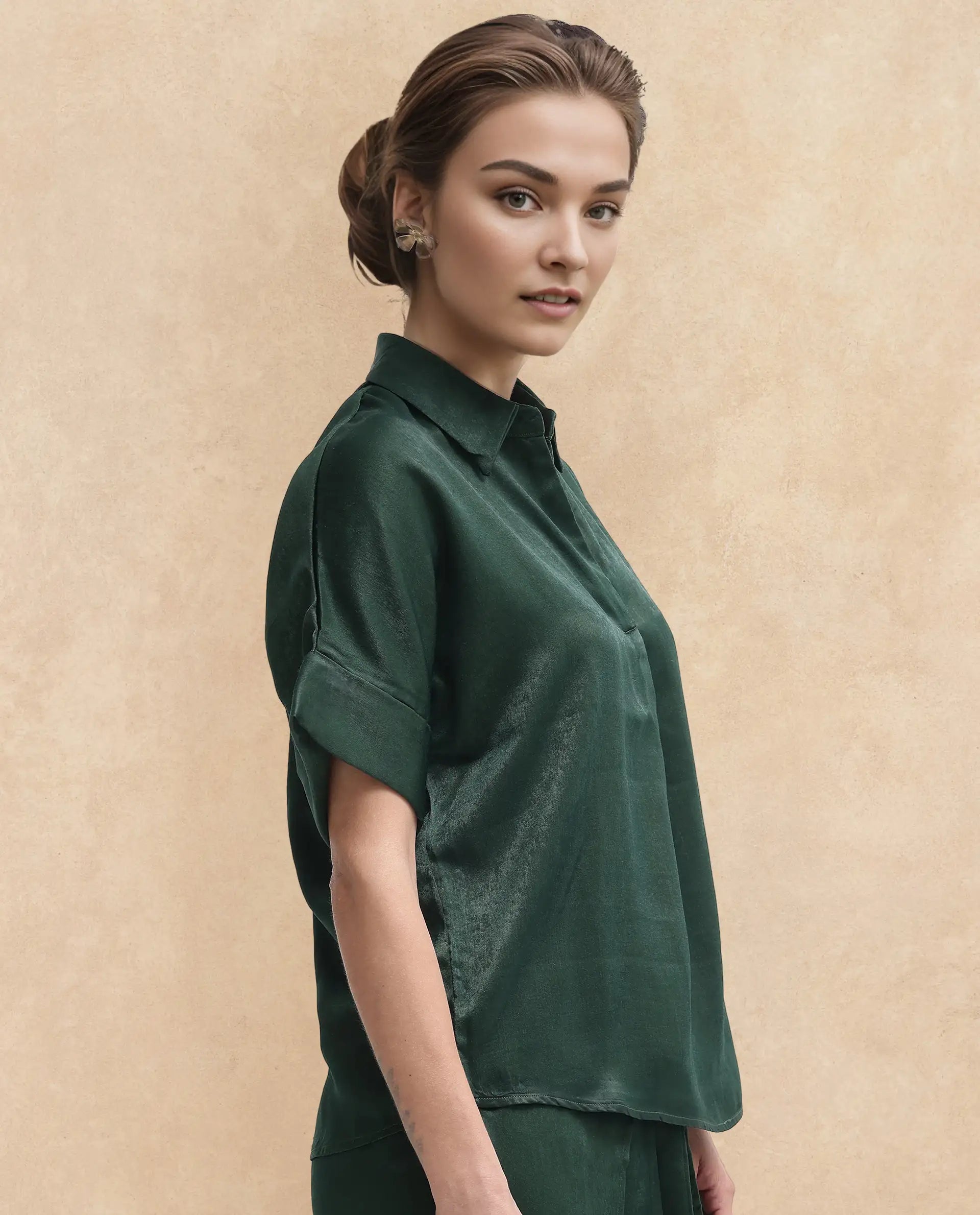 Rareism Women Lamona-T Dark Green Extended Sleeves Collared Neck Boxy Fit Plain Top