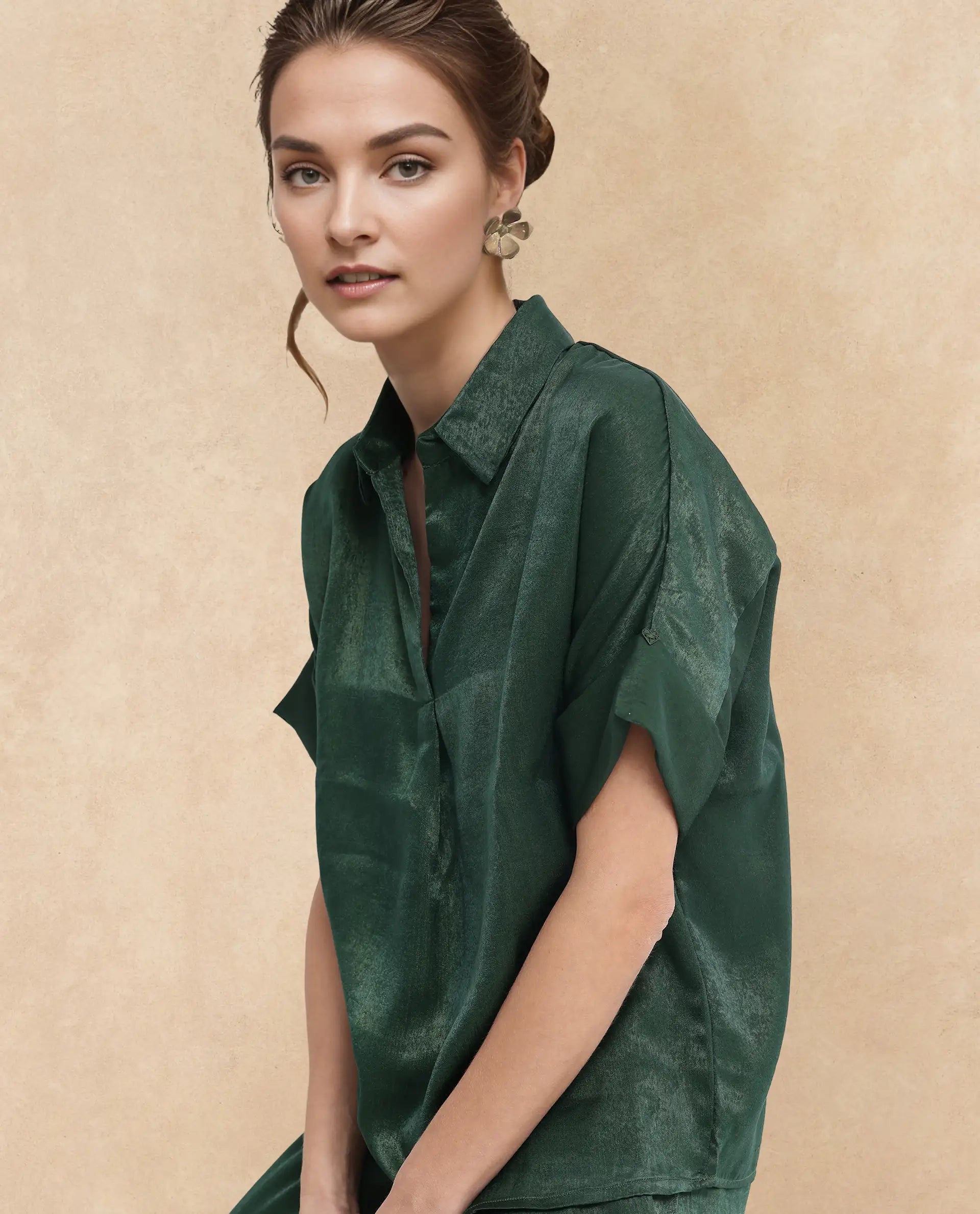 Rareism Women Lamona-T Dark Green Extended Sleeves Collared Neck Boxy Fit Plain Top