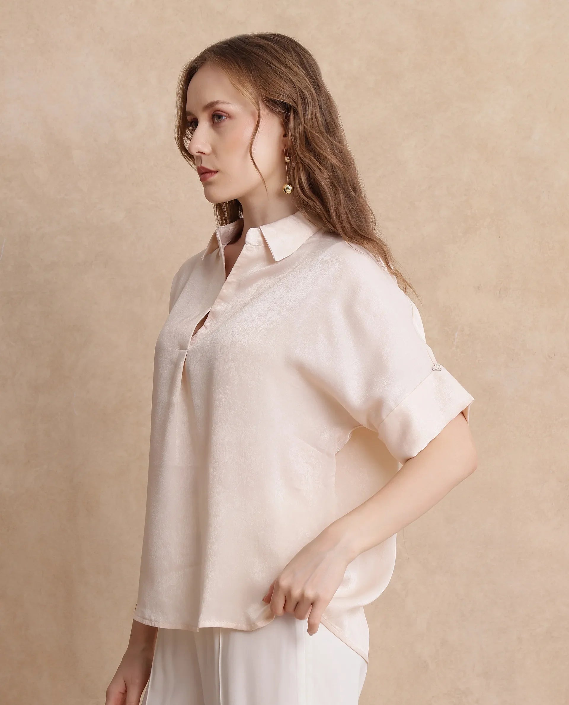 Rareism Women Lamona-T Beige Satin Extended Sleeves Collared Neck Boxy Fit Plain Top