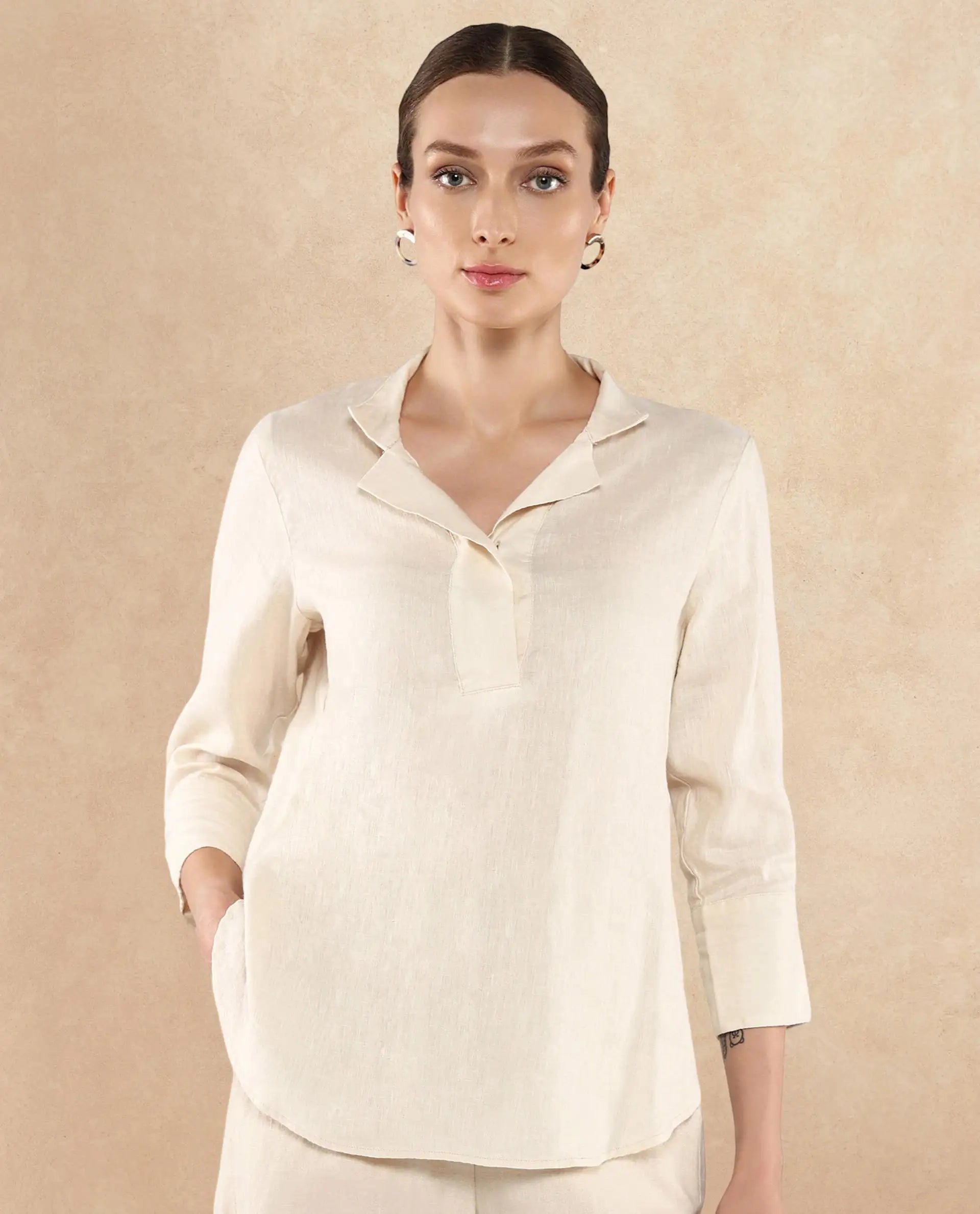 Rareism Women Laos Pastel Beige Cotton Linen Fabric Regular Sleeves V-Neck Solid Regular Length Top