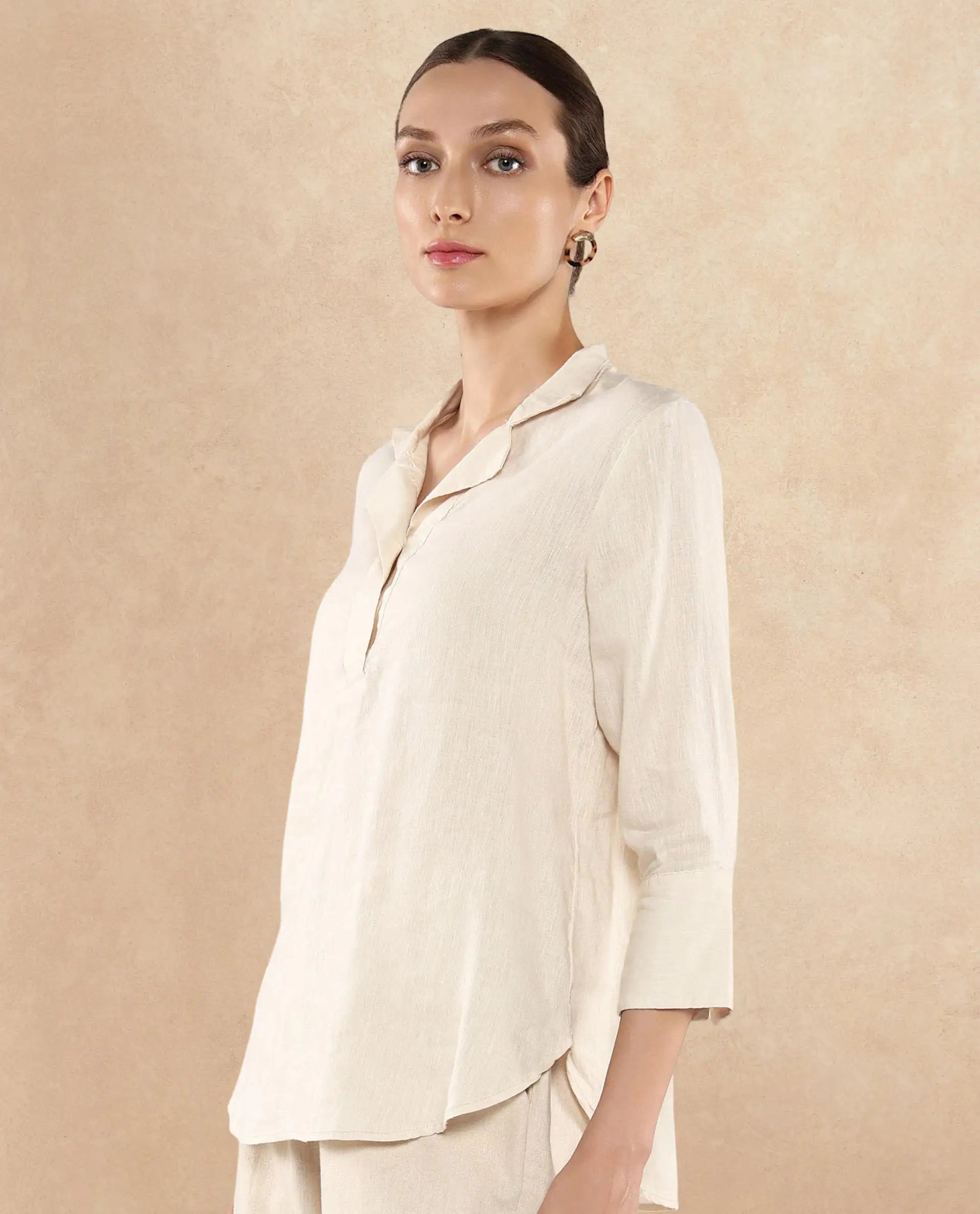 Rareism Women Laos Pastel Beige Cotton Linen Fabric Regular Sleeves V-Neck Solid Regular Length Top