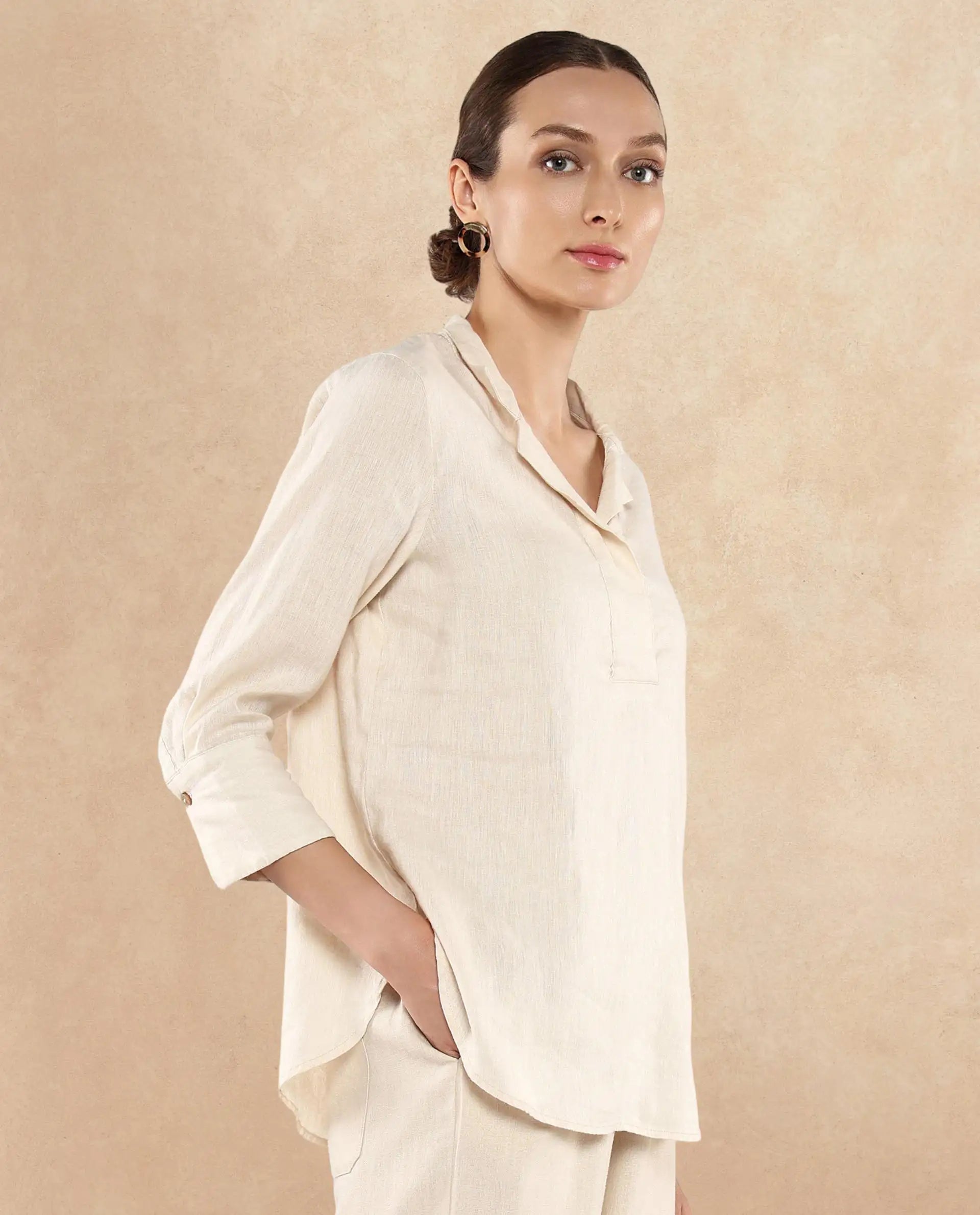 Rareism Women Laos Pastel Beige Cotton Linen Fabric Regular Sleeves V-Neck Solid Regular Length Top