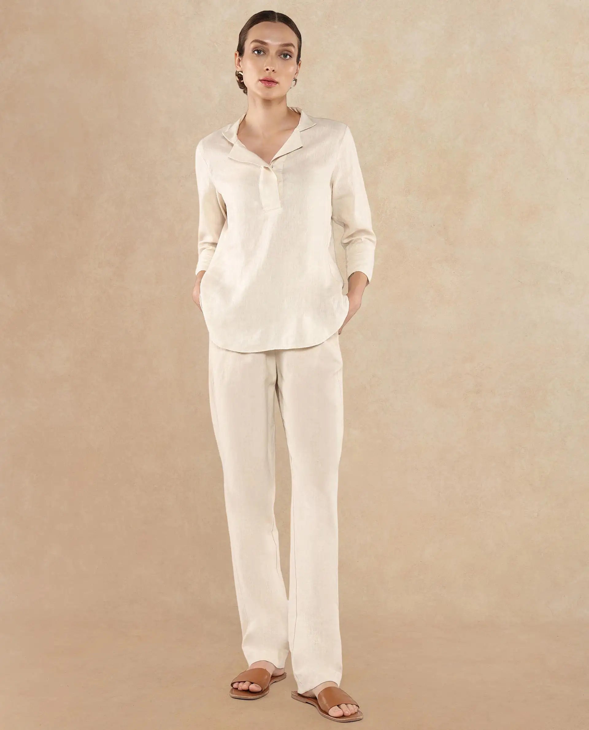 Rareism Women Laos Pastel Beige Cotton Linen Fabric Regular Sleeves V-Neck Solid Regular Length Top