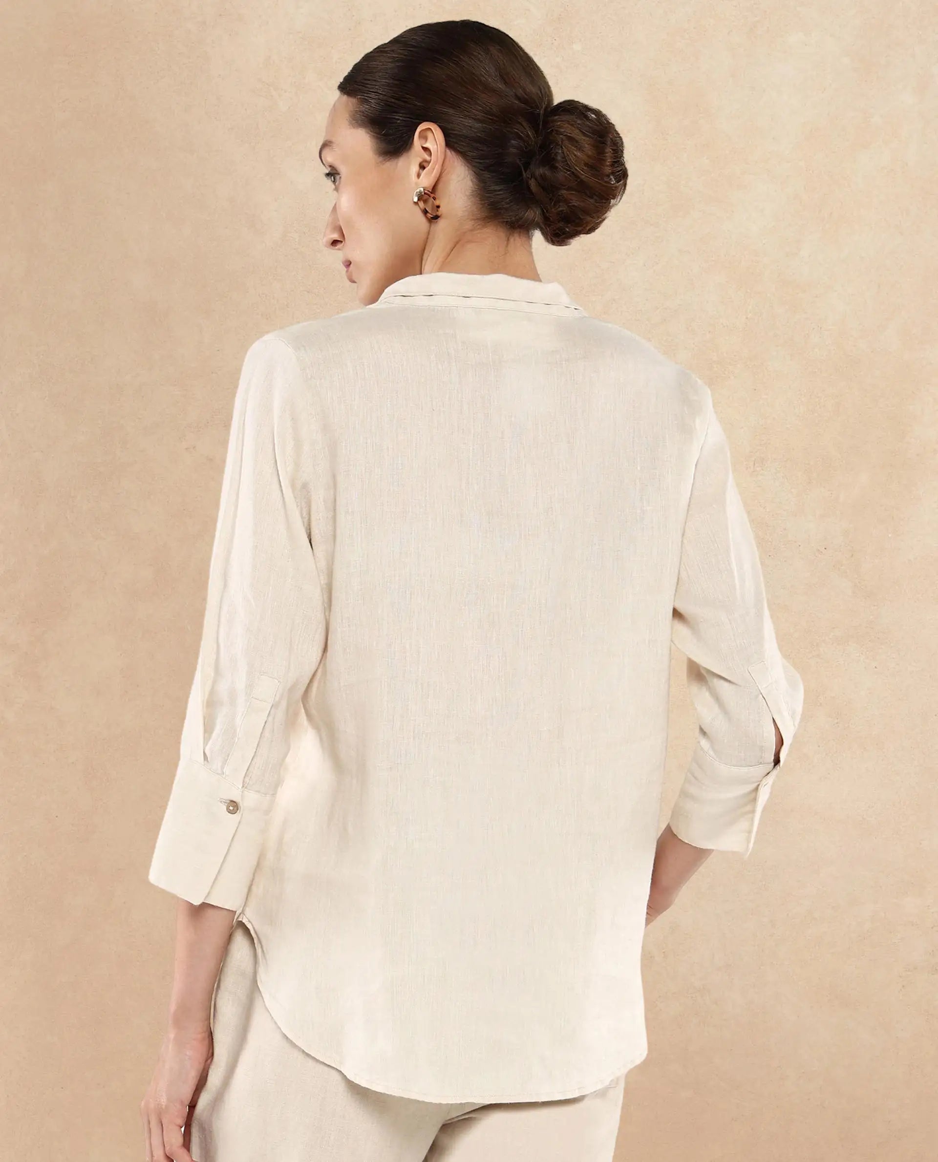 Rareism Women Laos Pastel Beige Cotton Linen Fabric Regular Sleeves V-Neck Solid Regular Length Top