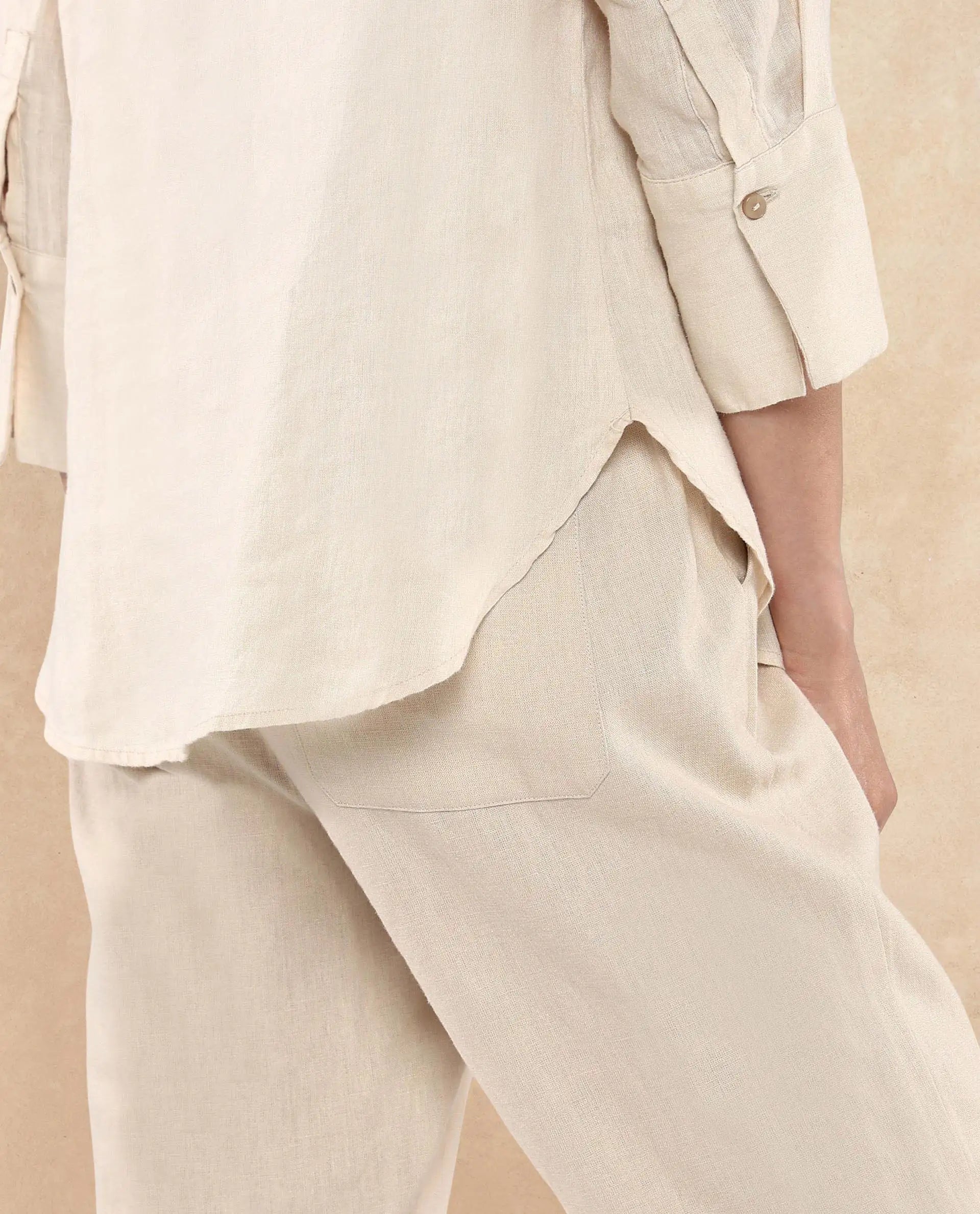 Rareism Women Laos Pastel Beige Cotton Linen Fabric Regular Sleeves V-Neck Solid Regular Length Top