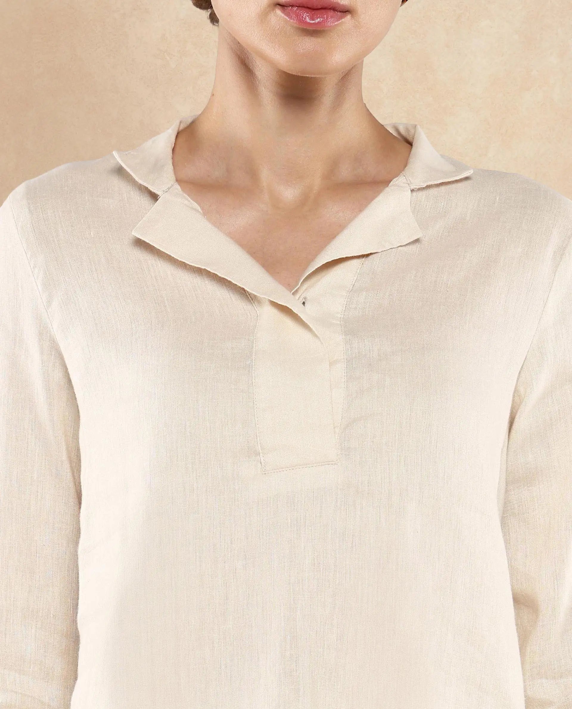 Rareism Women Laos Pastel Beige Cotton Linen Fabric Regular Sleeves V-Neck Solid Regular Length Top