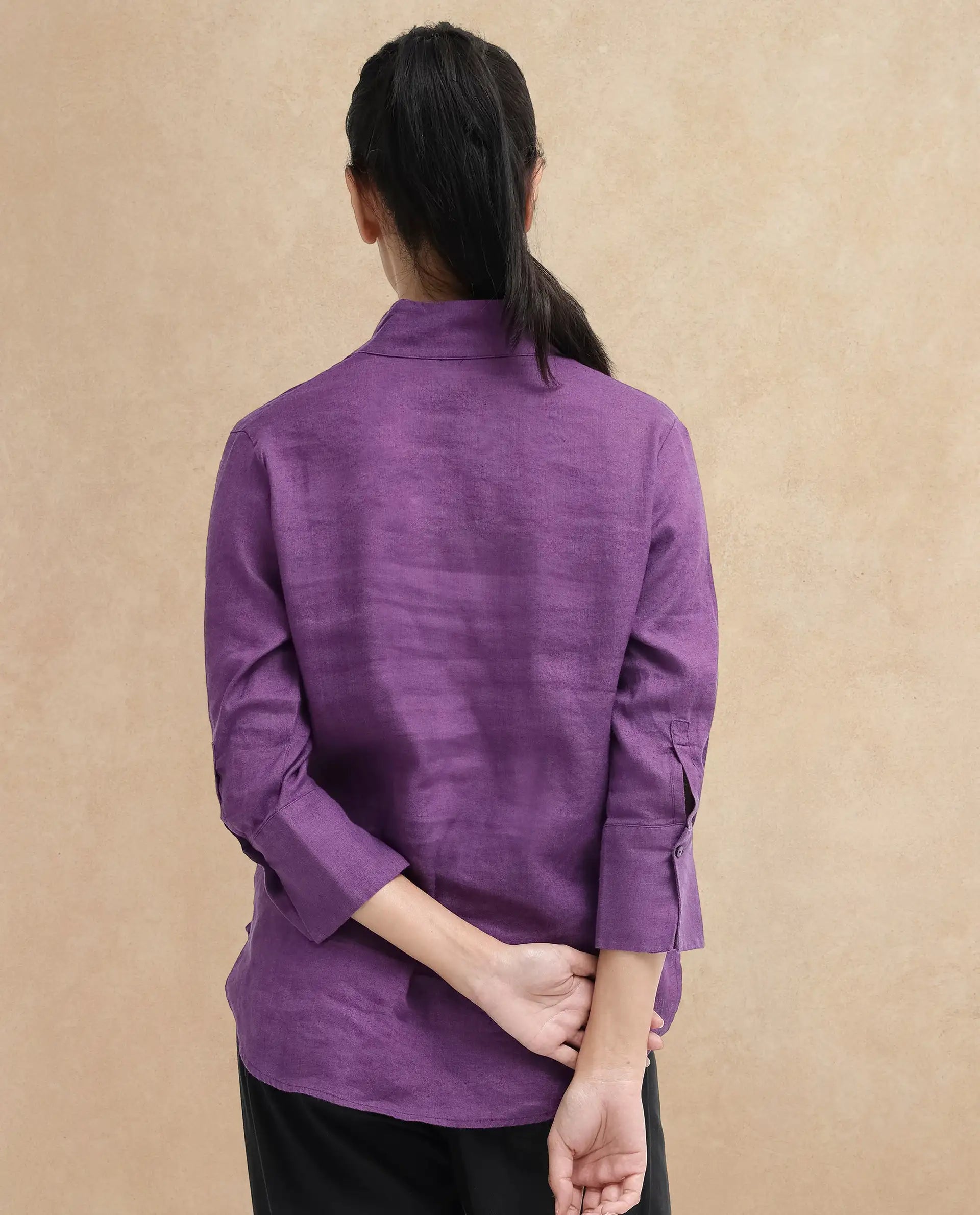 Rareism Women Laos Purple Cotton Linen Fabric Regular Sleeves V-Neck Solid Regular Length Top
