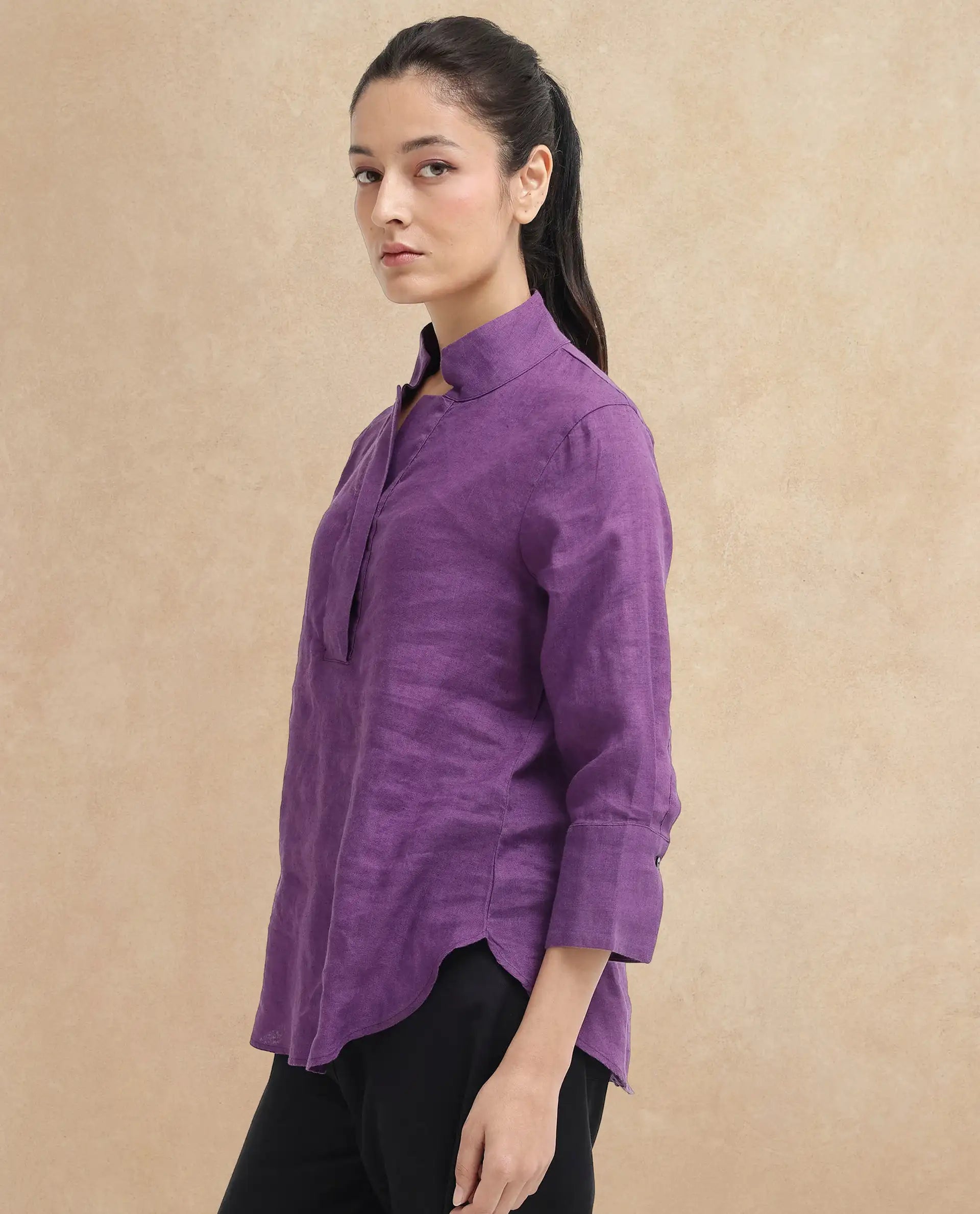 Rareism Women Laos Purple Cotton Linen Fabric Regular Sleeves V-Neck Solid Regular Length Top