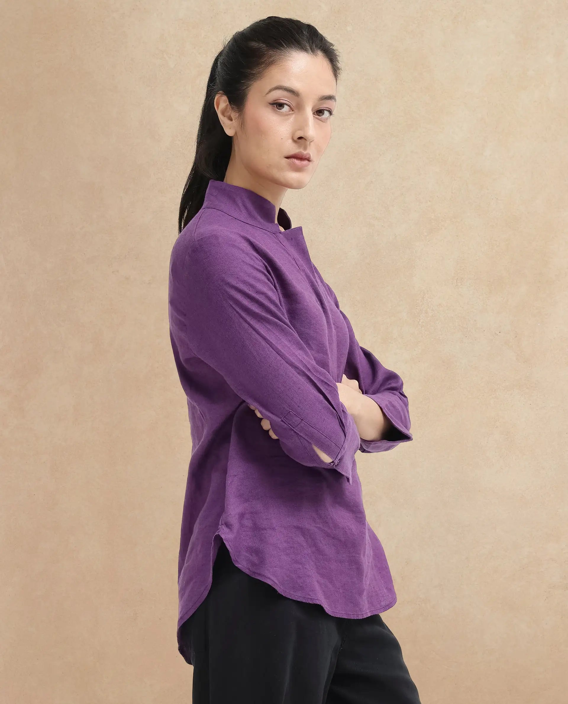 Rareism Women Laos Purple Cotton Linen Fabric Regular Sleeves V-Neck Solid Regular Length Top