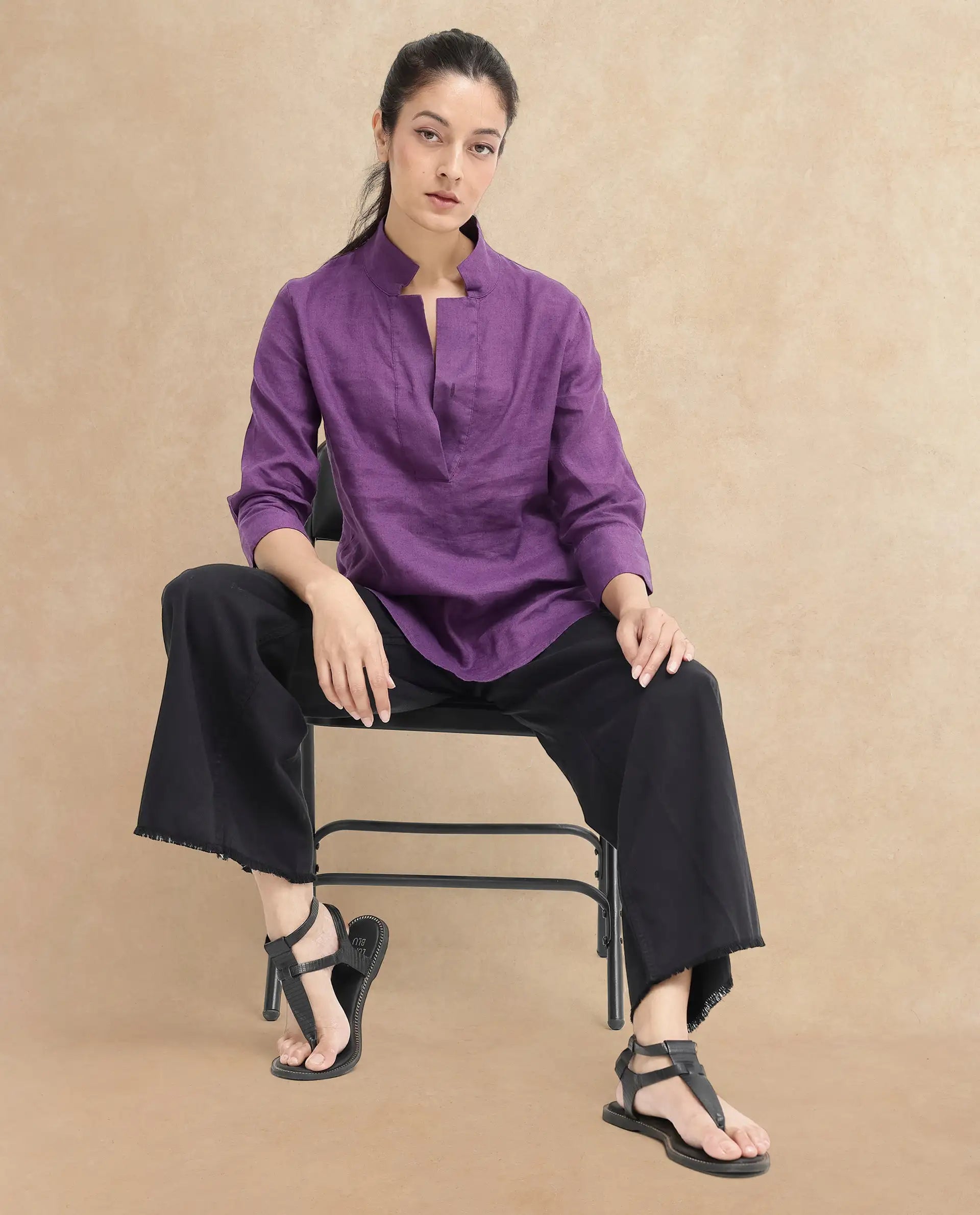 Rareism Women Laos Purple Cotton Linen Fabric Regular Sleeves V-Neck Solid Regular Length Top
