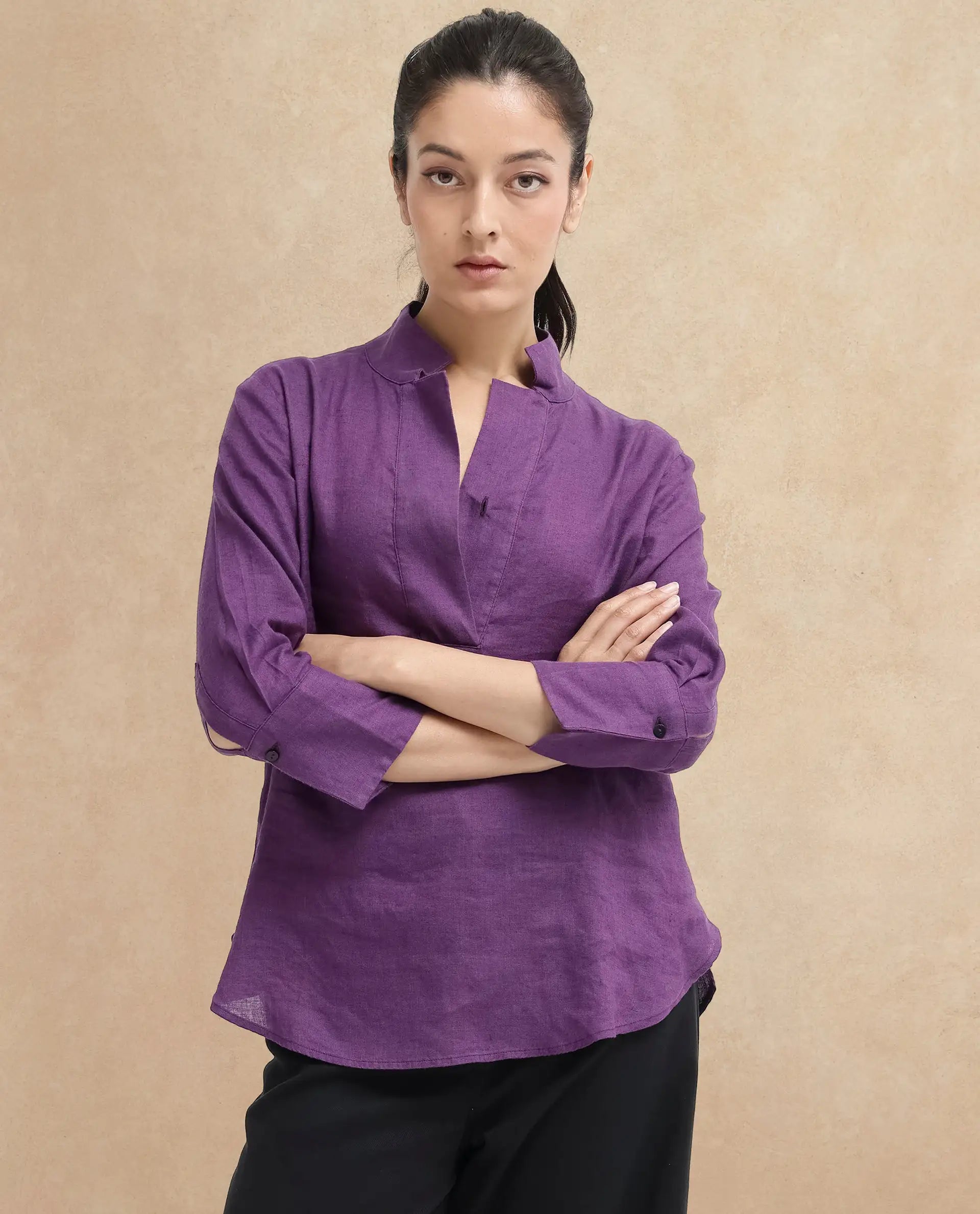 Rareism Women Laos Purple Cotton Linen Fabric Regular Sleeves V-Neck Solid Regular Length Top