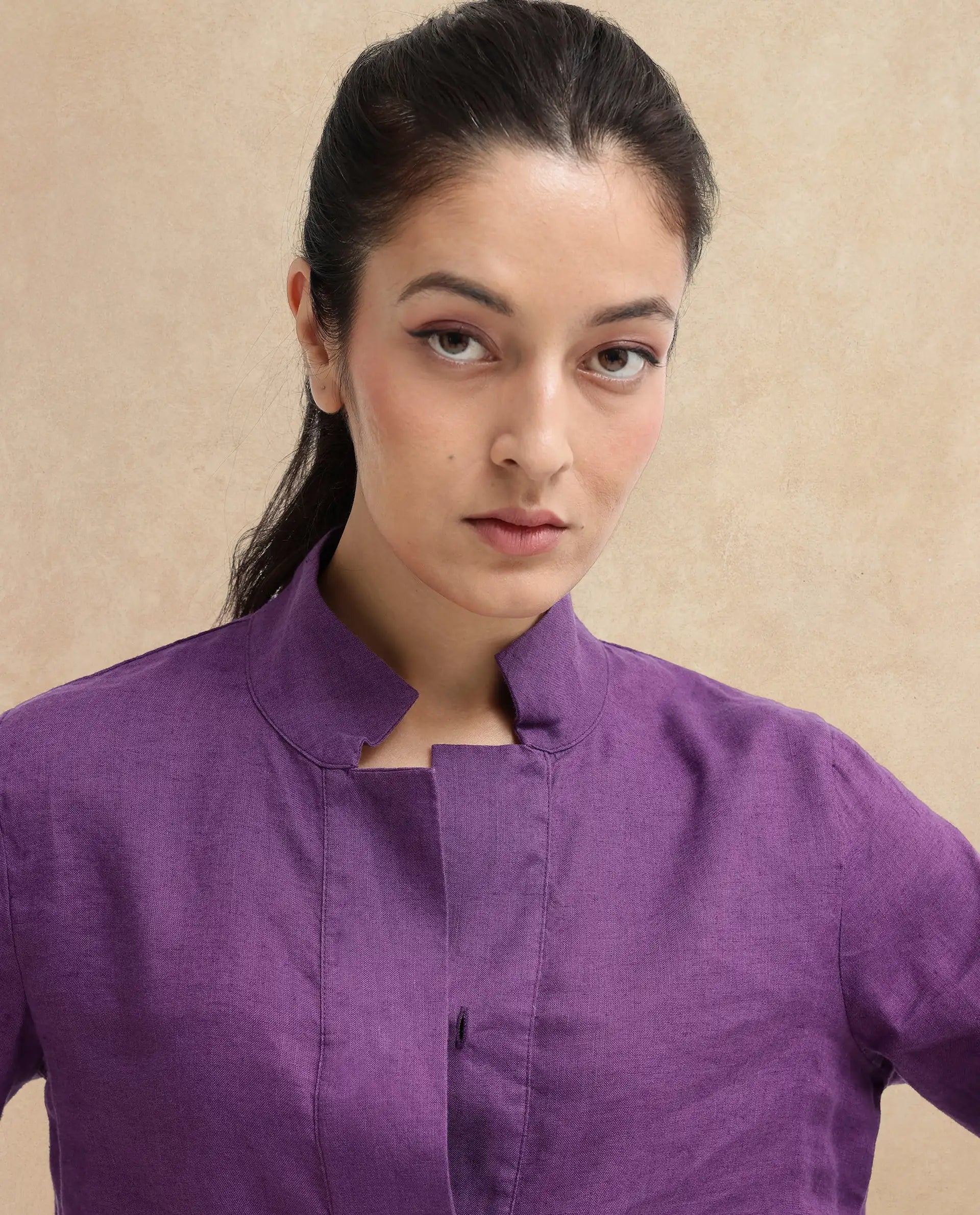 Rareism Women Laos Purple Cotton Linen Fabric Regular Sleeves V-Neck Solid Regular Length Top