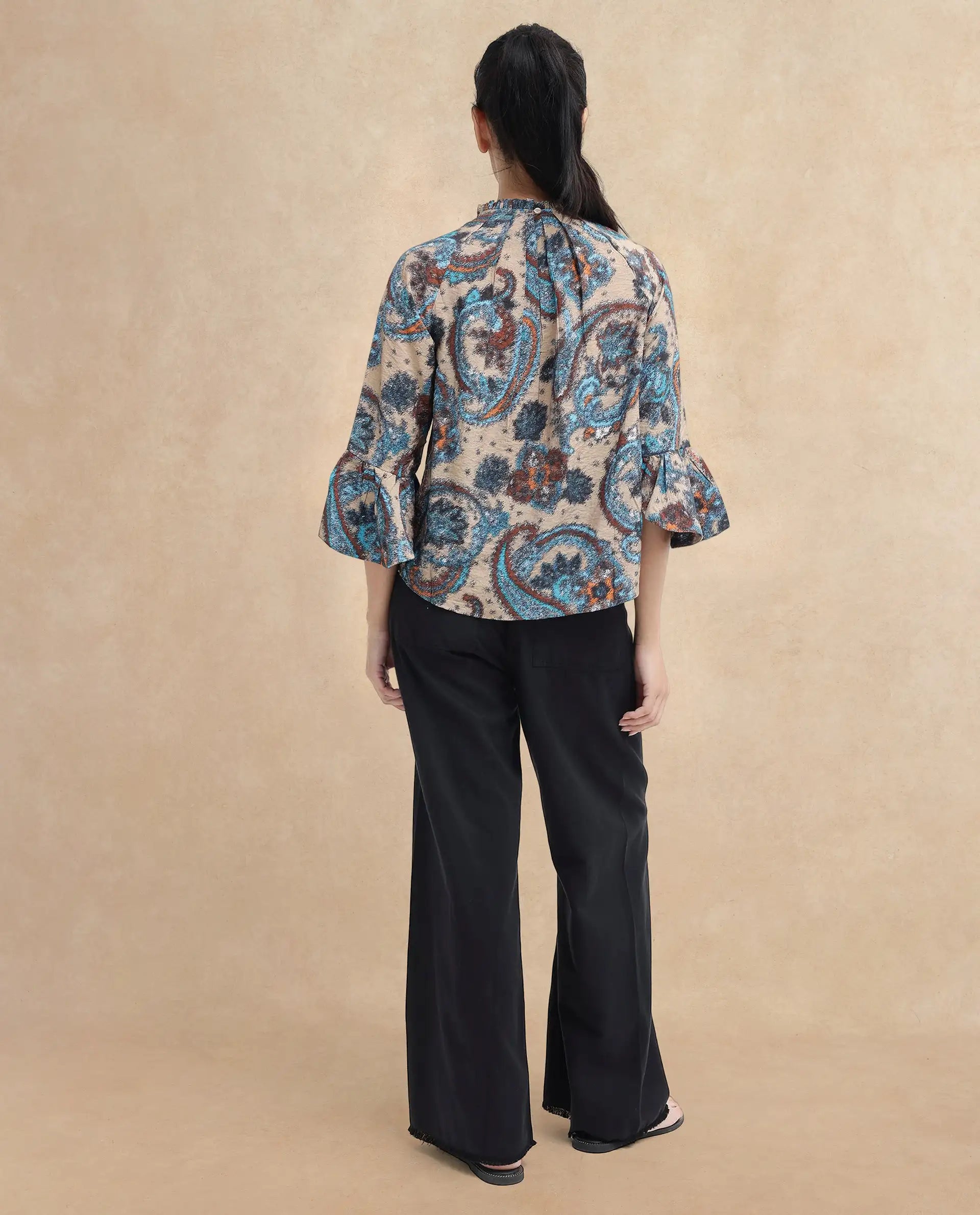 Rareism Women Lavand Multi Raglan Sleeves Ruffled Neck Button Paisley Print Top