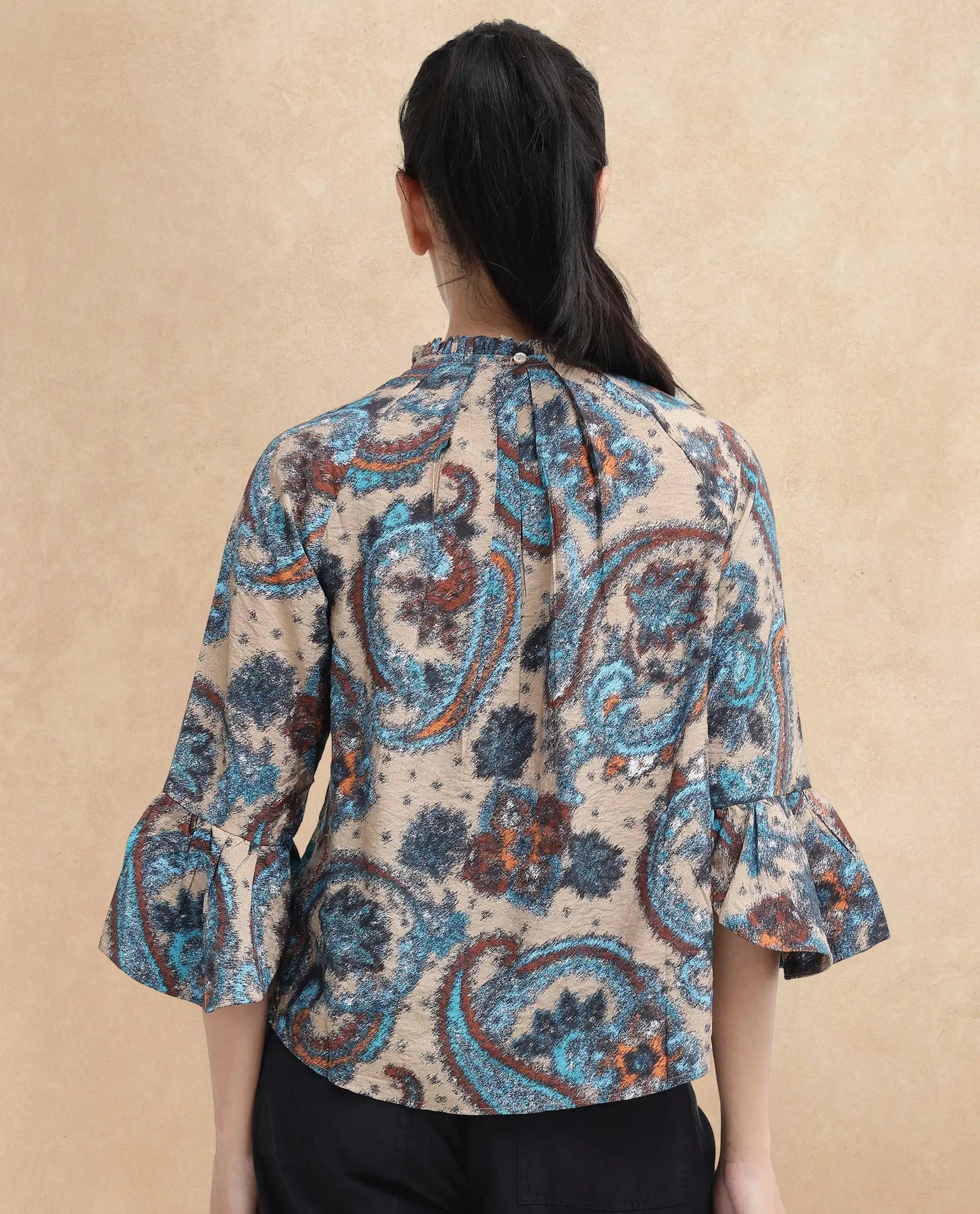 Rareism Women Lavand Multi Raglan Sleeves Ruffled Neck Button Paisley Print Top