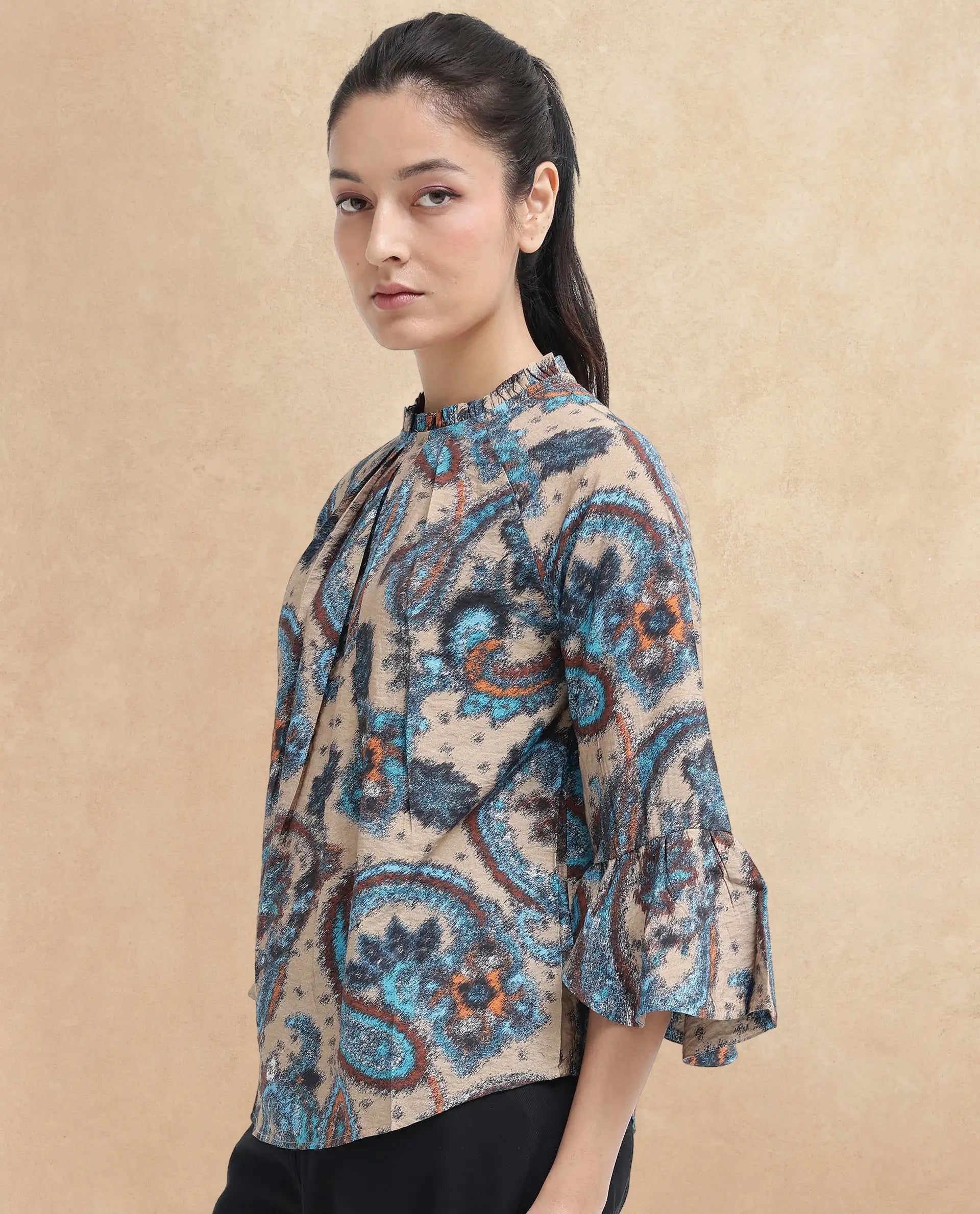 Rareism Women Lavand Multi Raglan Sleeves Ruffled Neck Button Paisley Print Top