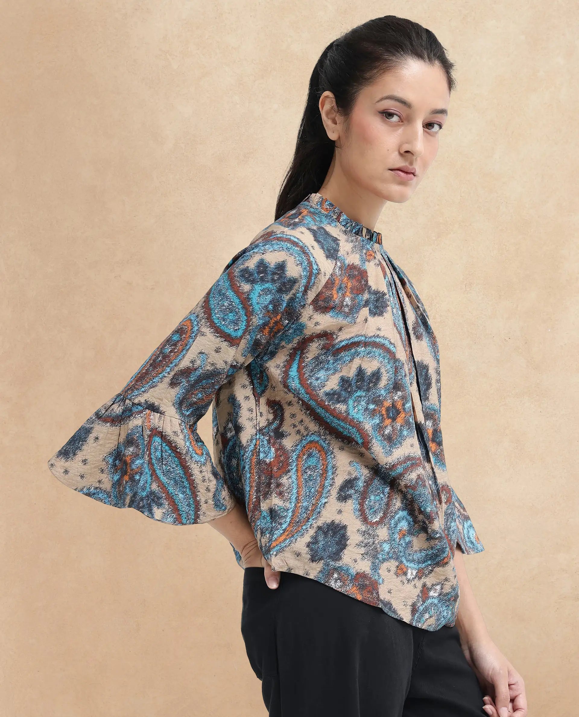 Rareism Women Lavand Multi Raglan Sleeves Ruffled Neck Button Paisley Print Top