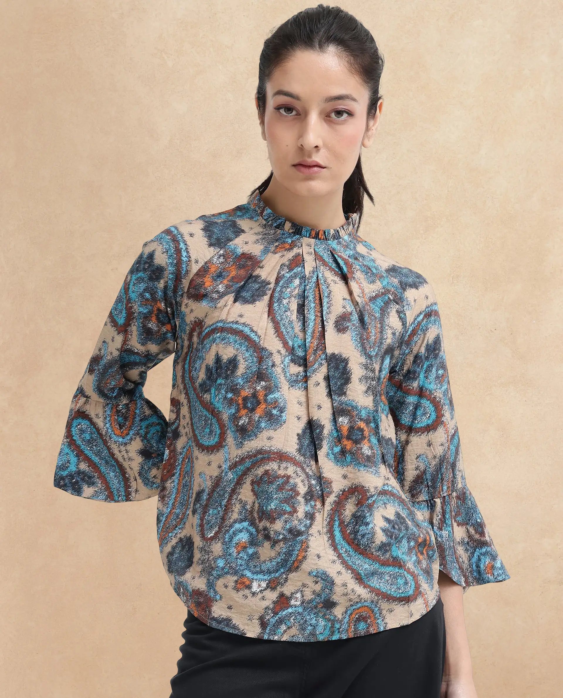 Rareism Women Lavand Multi Raglan Sleeves Ruffled Neck Button Paisley Print Top